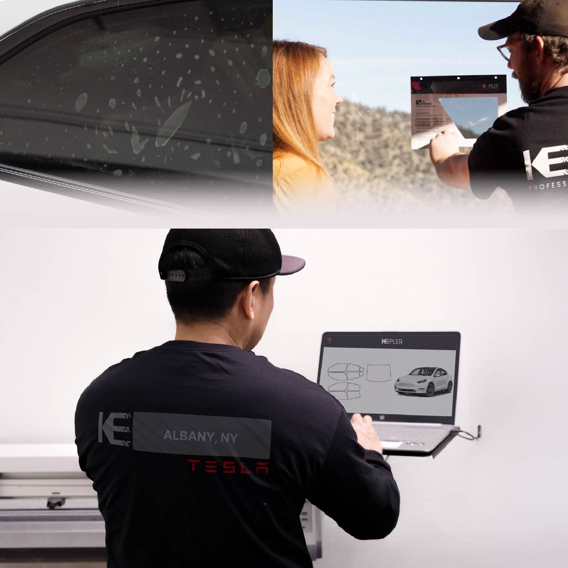 Kepler Technician Applying High-tech Window Tint to Tesla in Albany