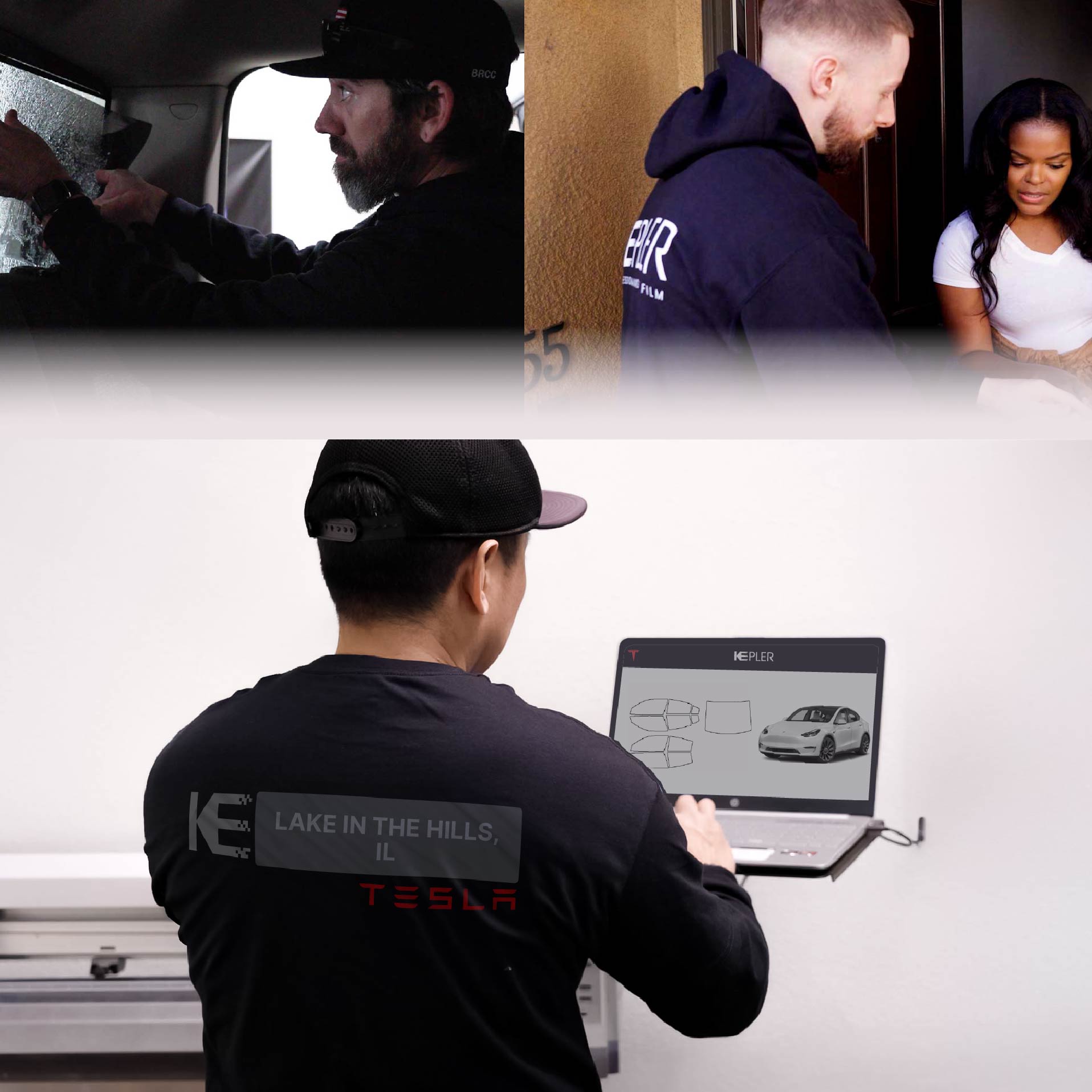 Expert Technician Fitting Ceramic Window Tint to Tesla in Lake in the Hills