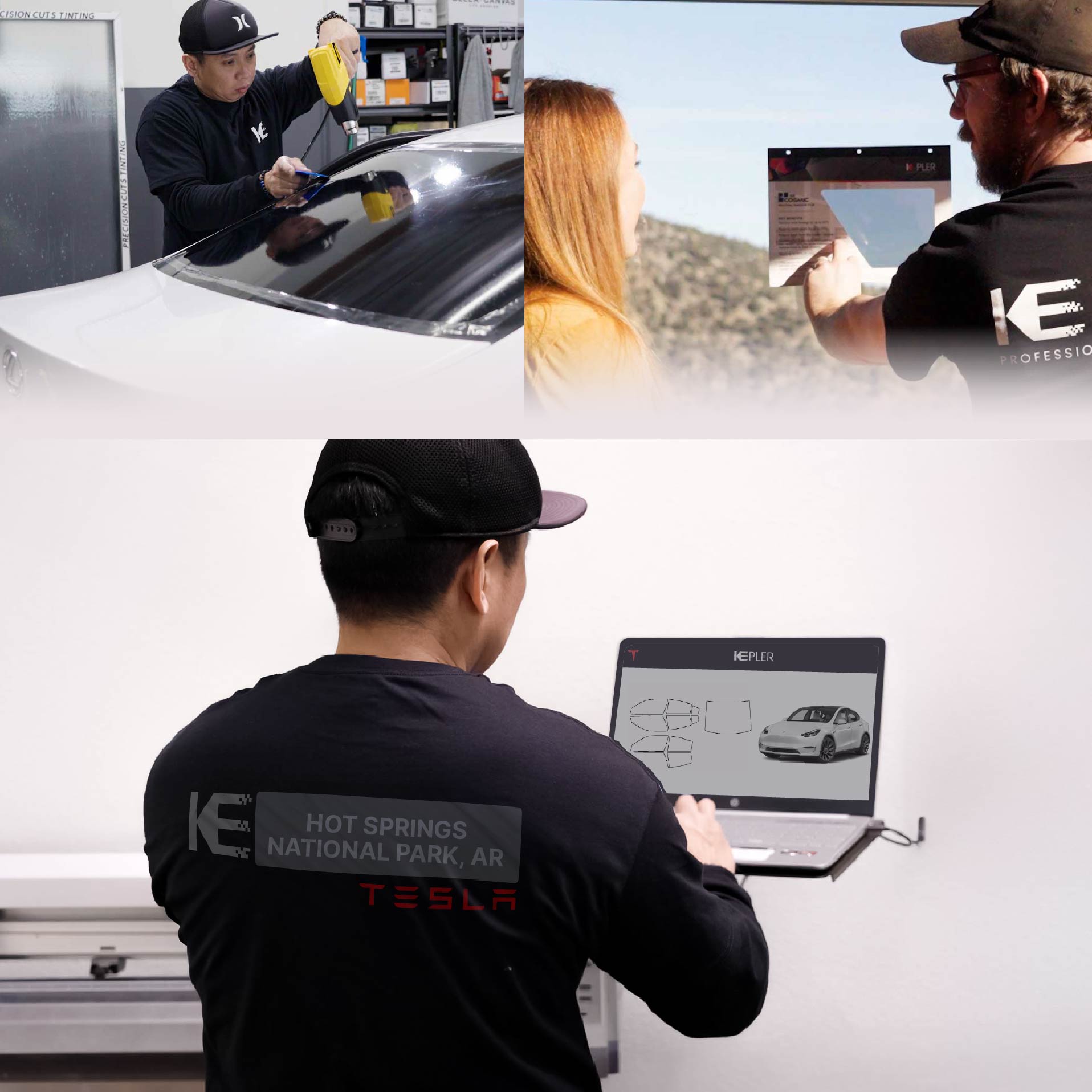 Expert Technician Installing Advanced Window Tint to Tesla in Hot Springs National Park