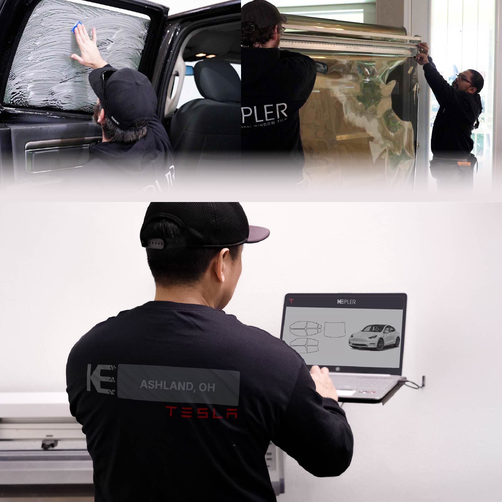 Expert Technician Applying Advanced Window Tint to Tesla in Ashland