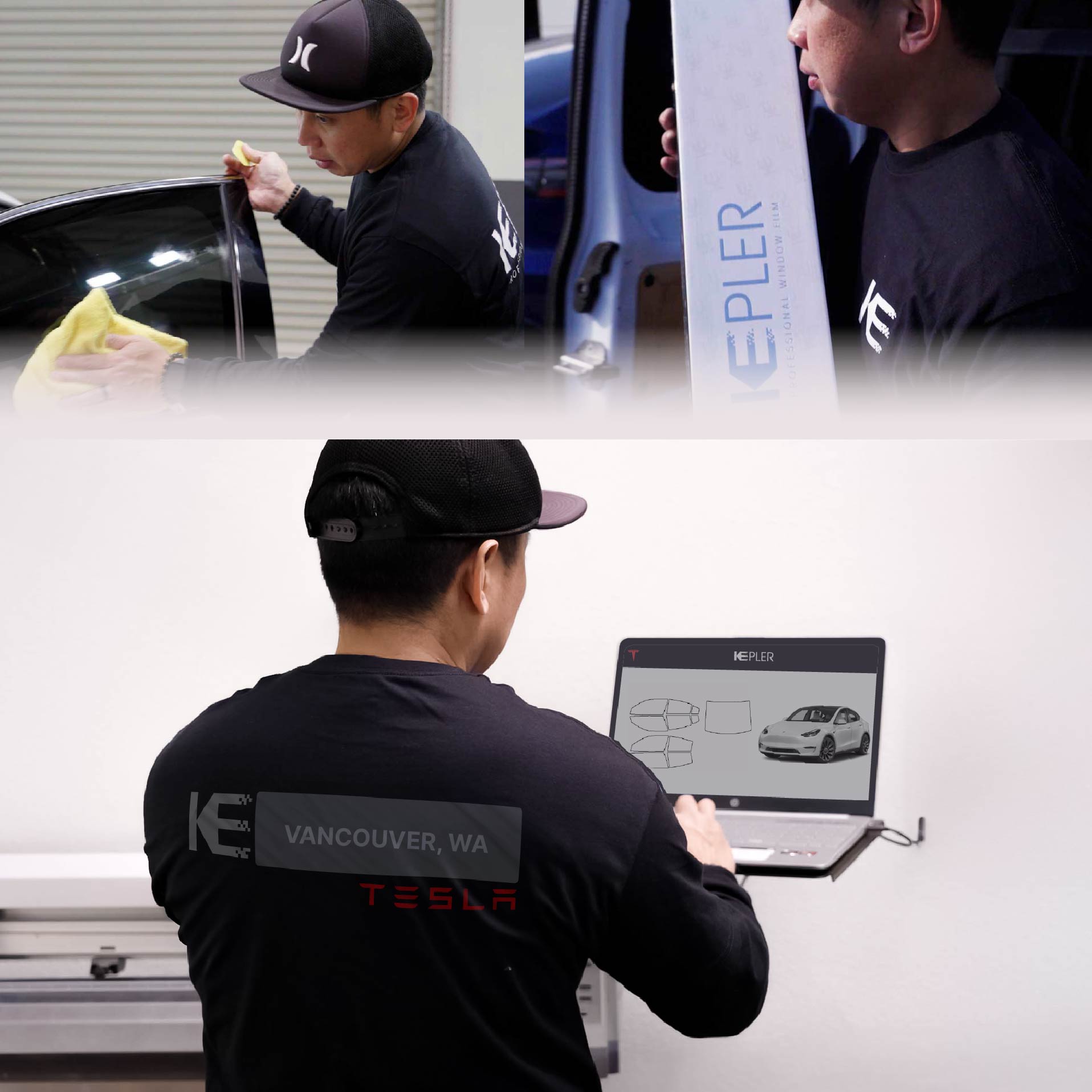 Expert Technician Fitting High-tech Window Tint to Tesla in Vancouver