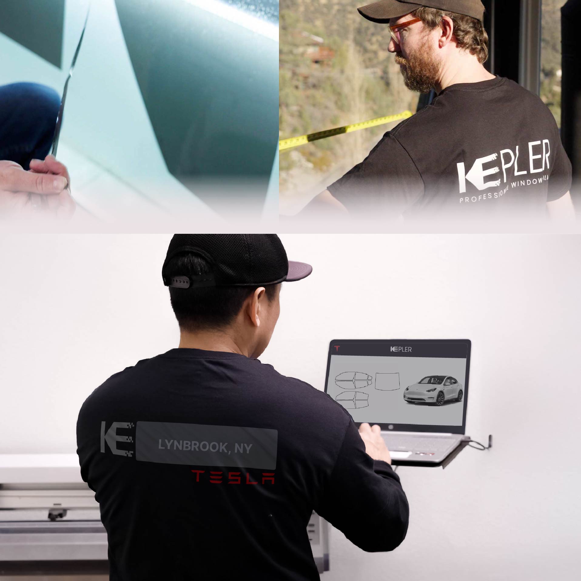 Expert Technician Fitting High-tech Window Tint to Tesla in Lynbrook