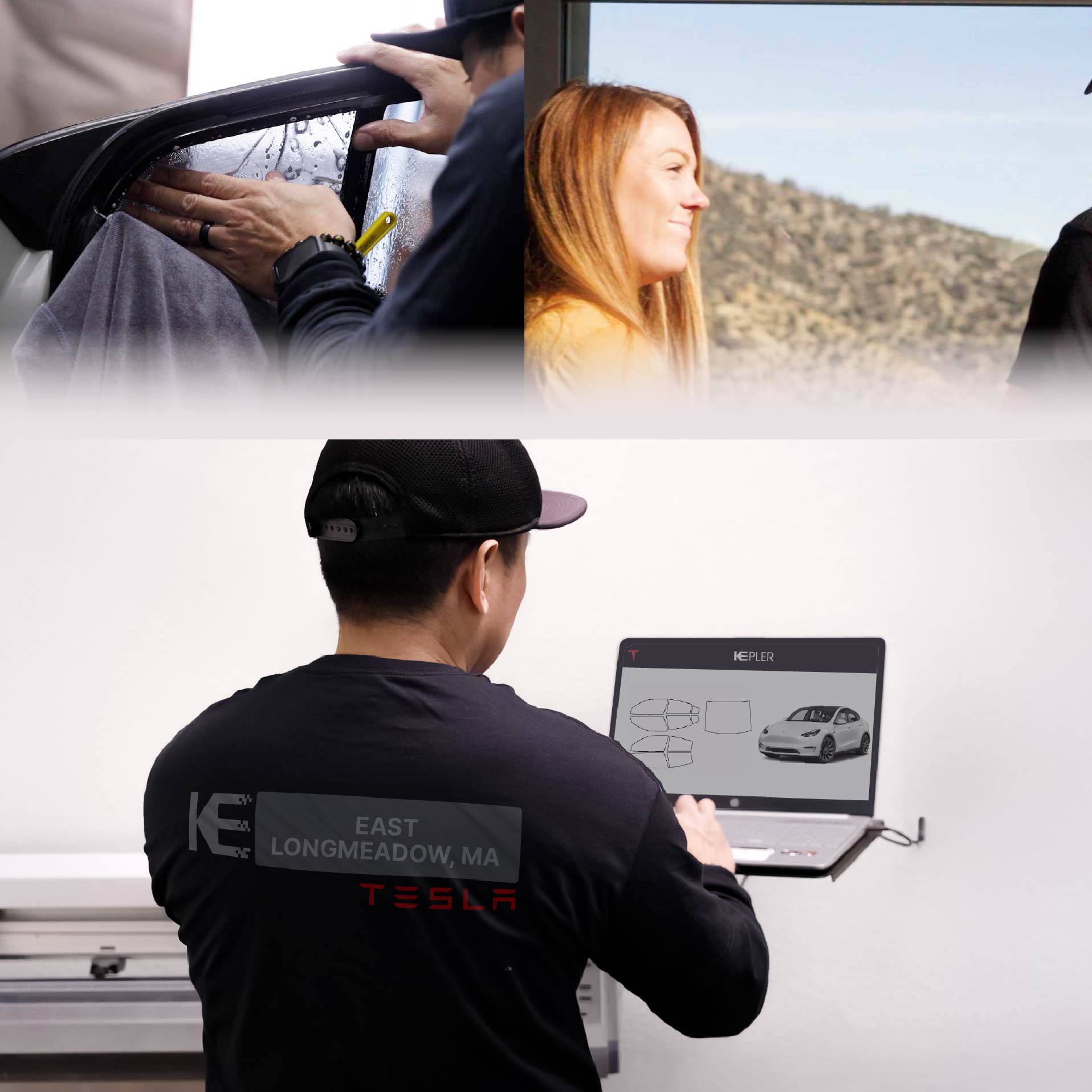 Kepler Technician Fitting Advanced Window Tint to Tesla in East Longmeadow