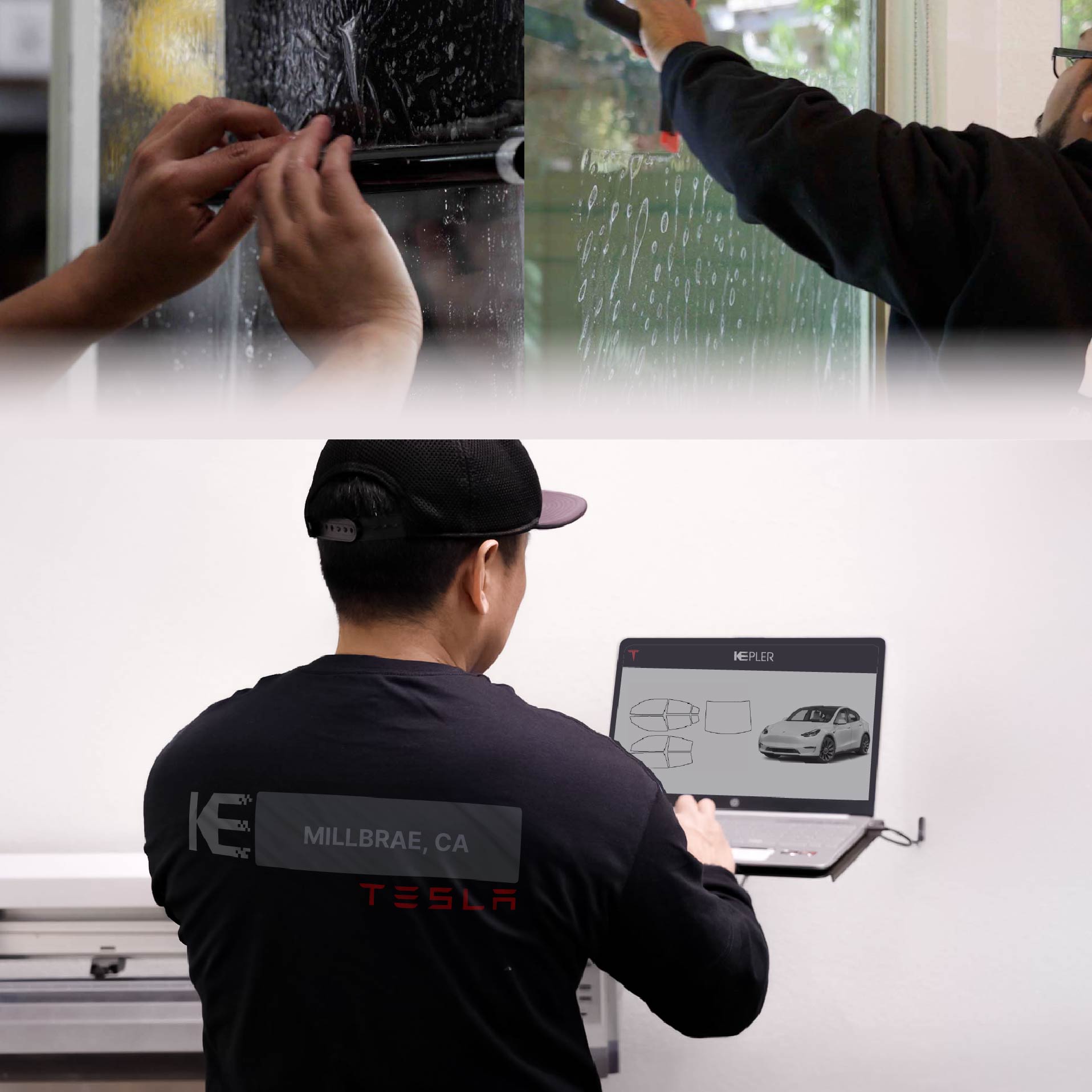 Kepler Technician Fitting Ceramic Window Tint to Tesla in Millbrae