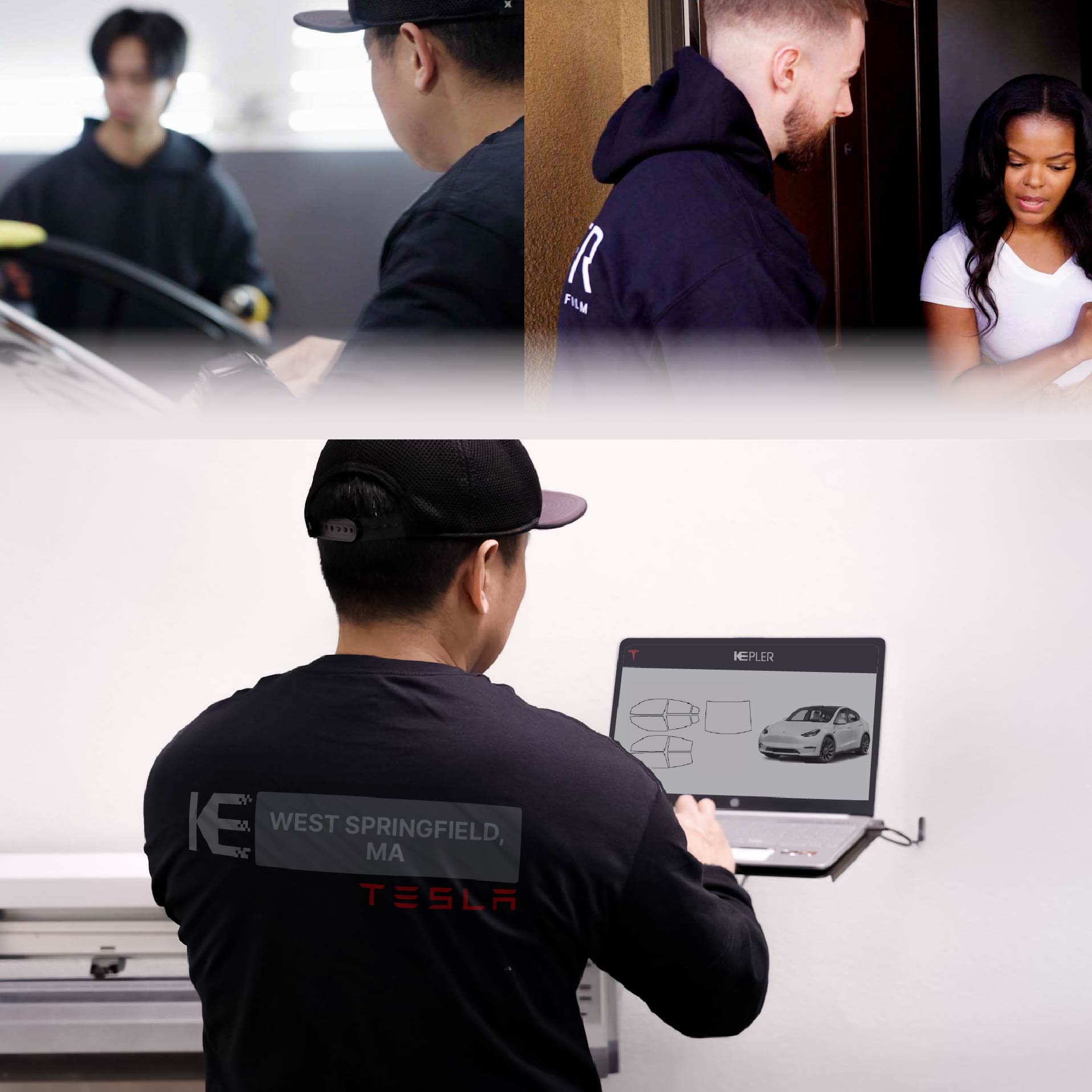 Expert Technician Installing Ceramic Window Tint to Tesla in West Springfield