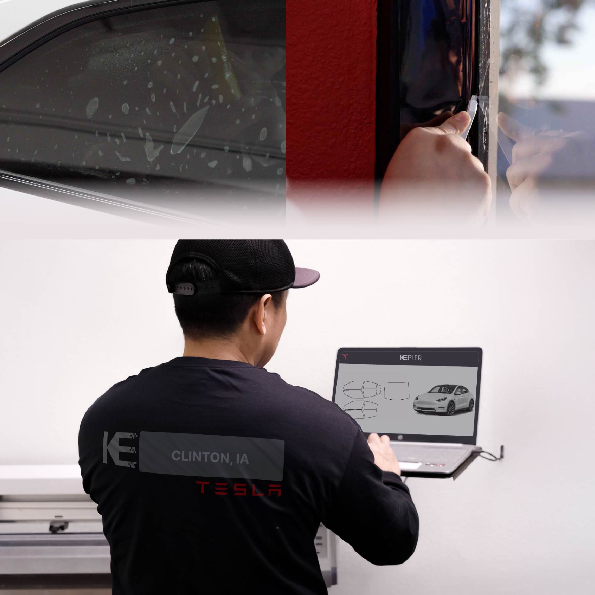 Expert Technician Installing Advanced Window Tint to Tesla in Clinton