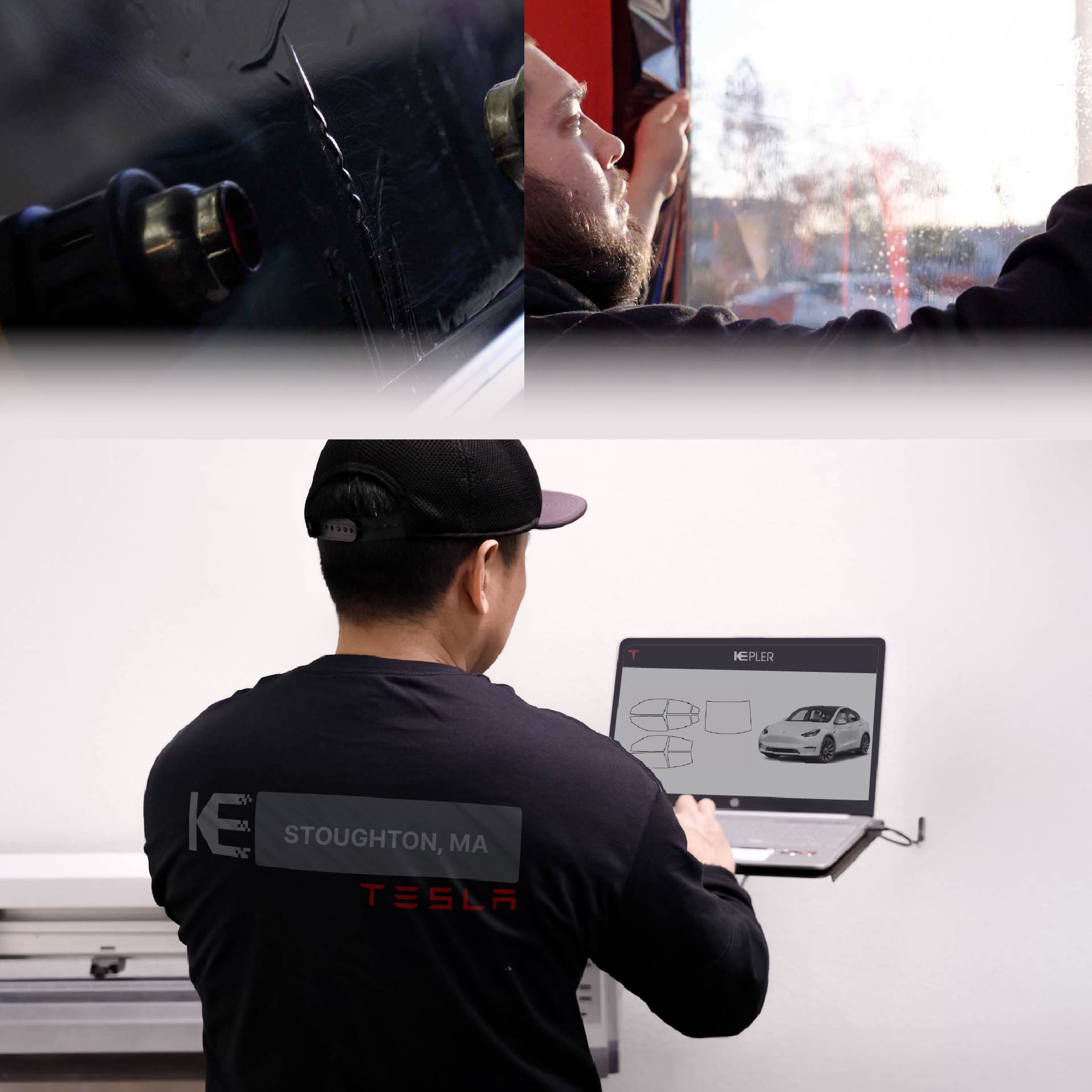 Expert Technician Applying Ceramic Window Tint to Tesla in Stoughton