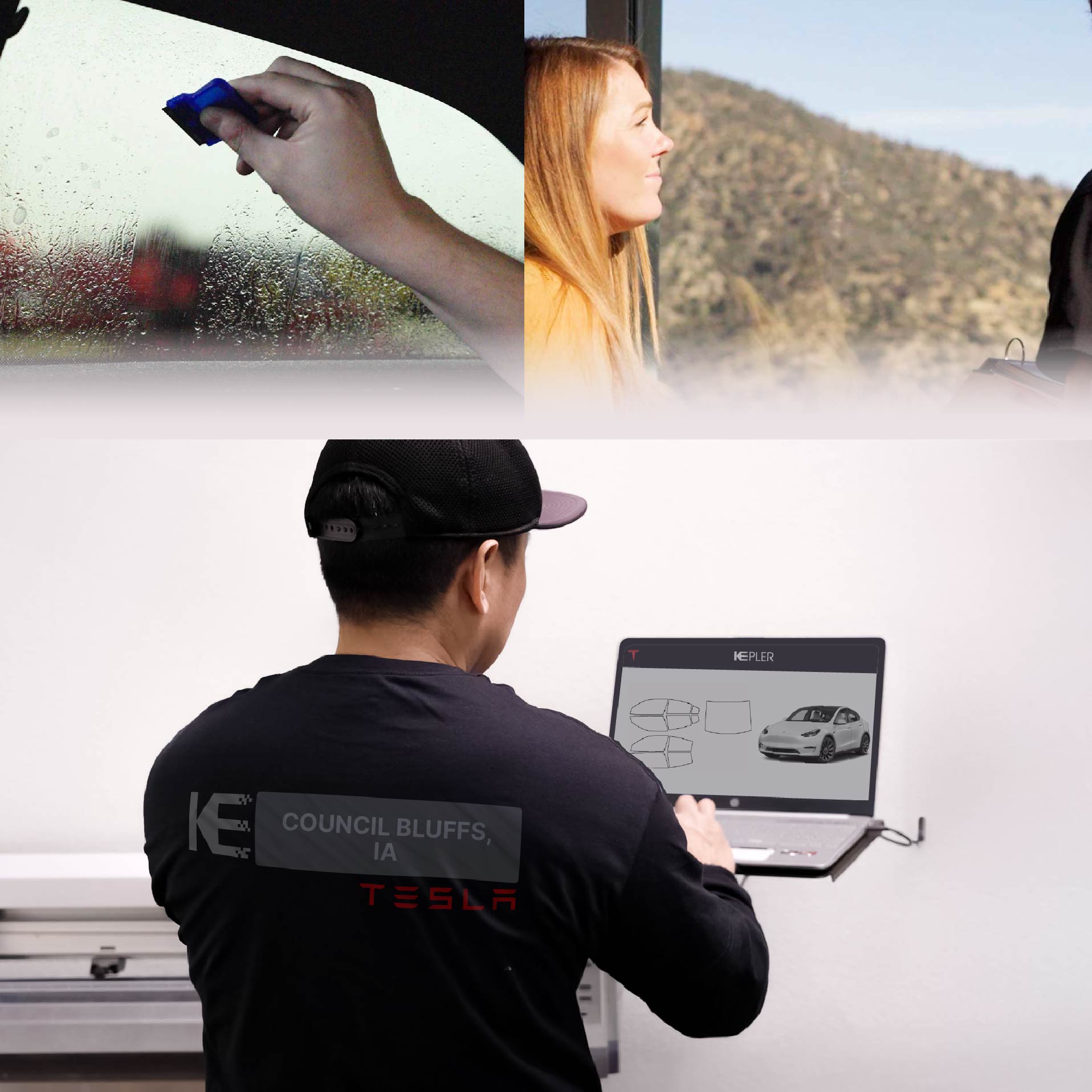 Expert Technician Applying High-tech Window Tint to Tesla in Council Bluffs
