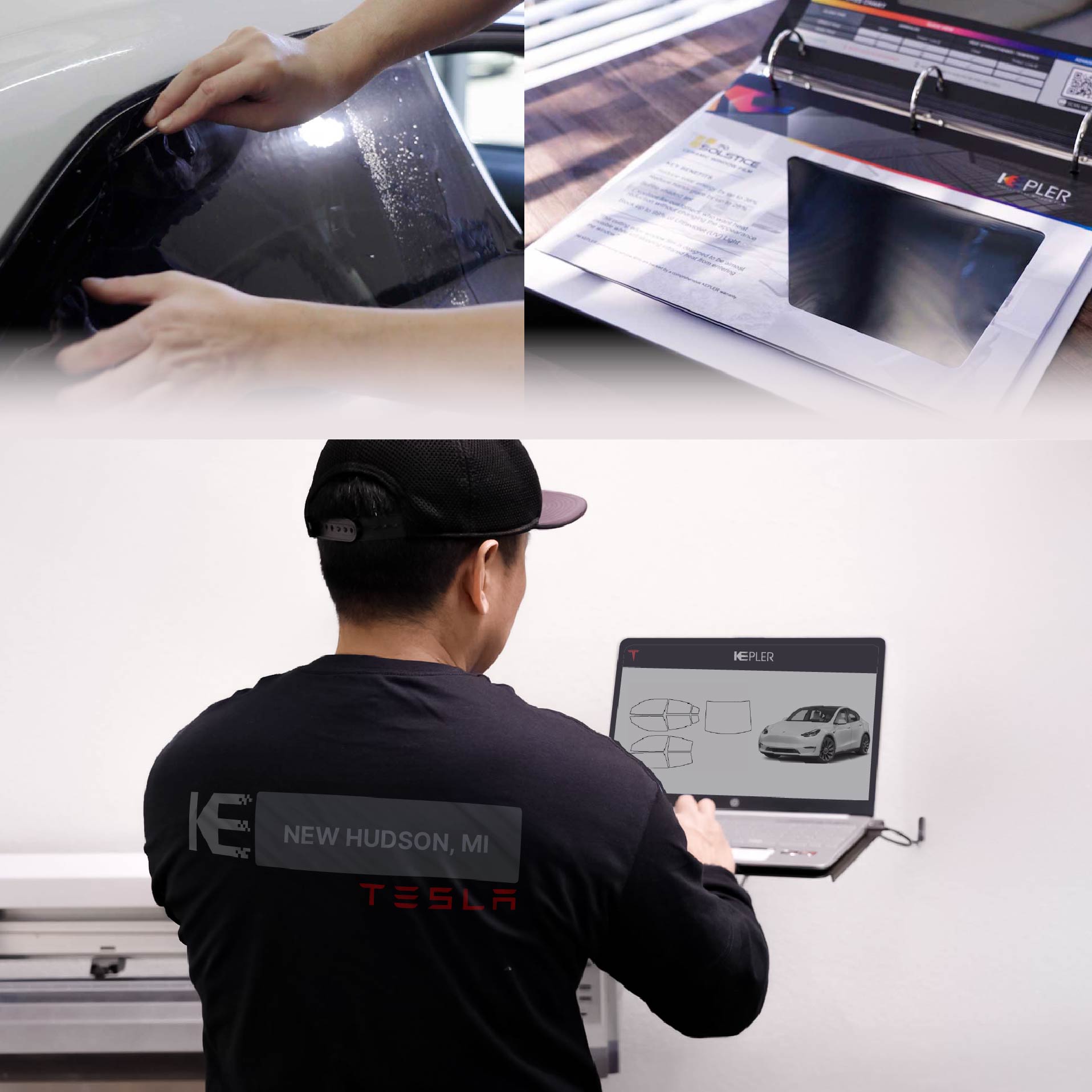 Kepler Technician Applying Advanced Window Tint to Tesla in New Hudson