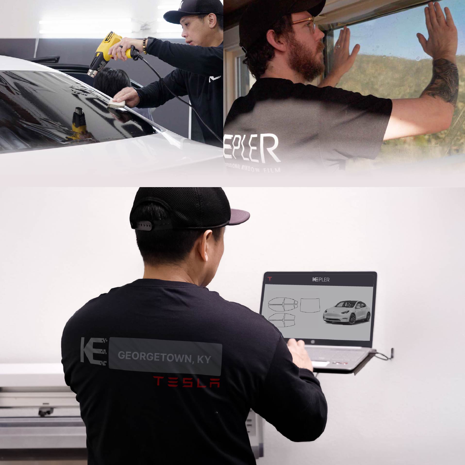 Kepler Technician Installing Advanced Window Tint to Tesla in Georgetown