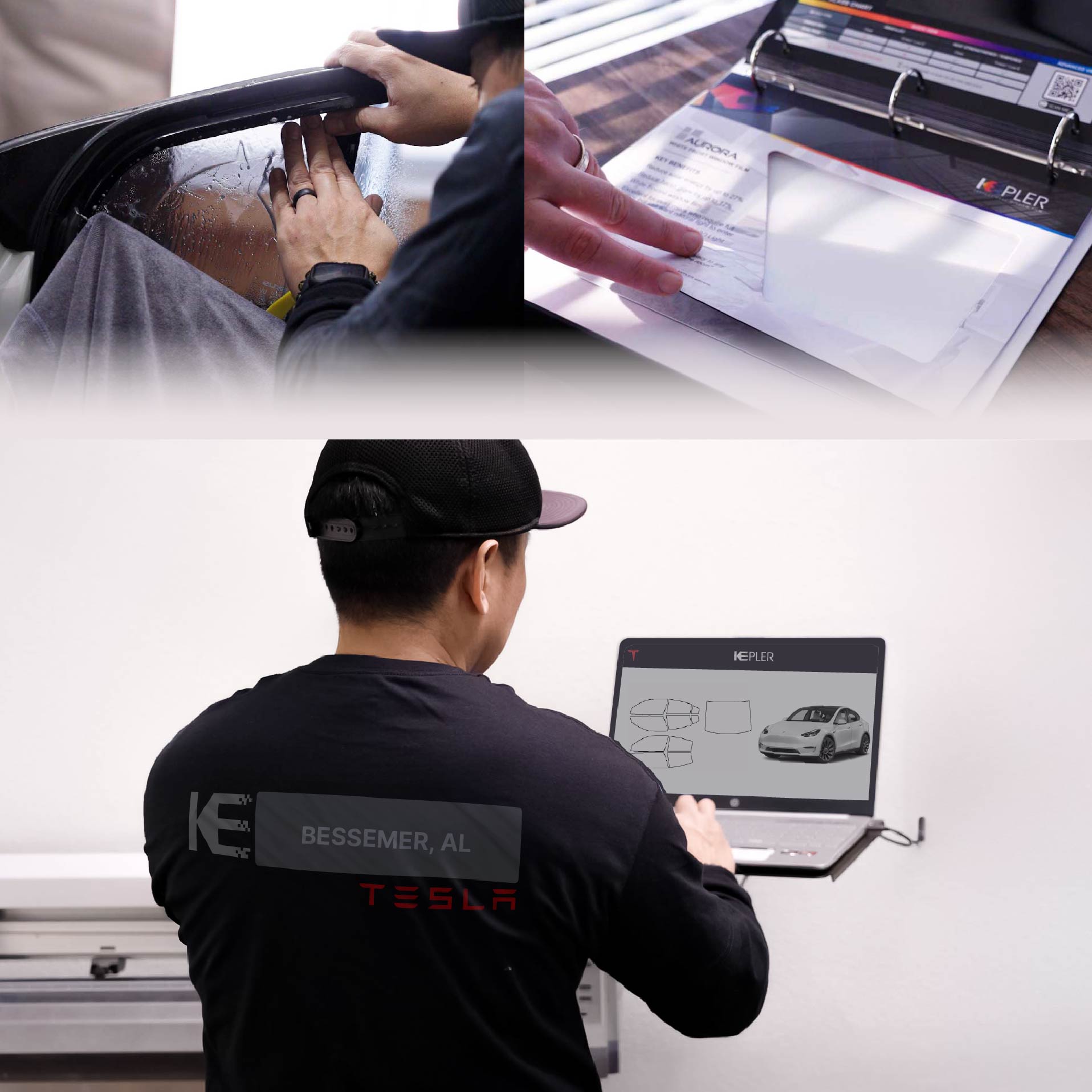 Kepler Technician Applying Ceramic Window Tint to Tesla in Bessemer