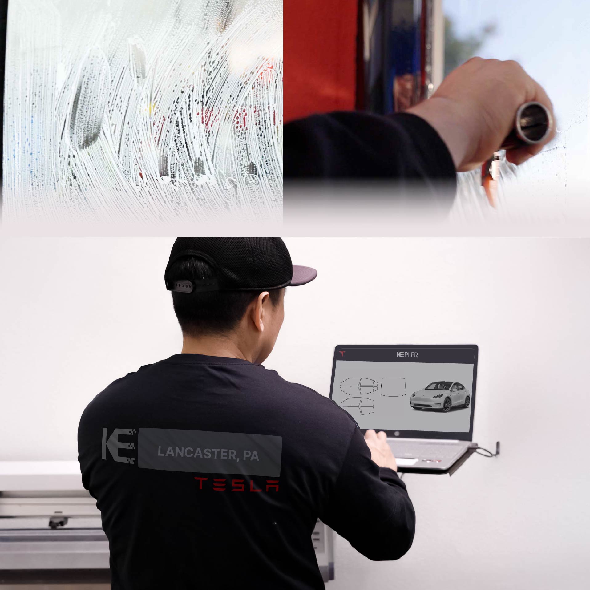 Kepler Technician Applying Ceramic Window Tint to Tesla in Lancaster