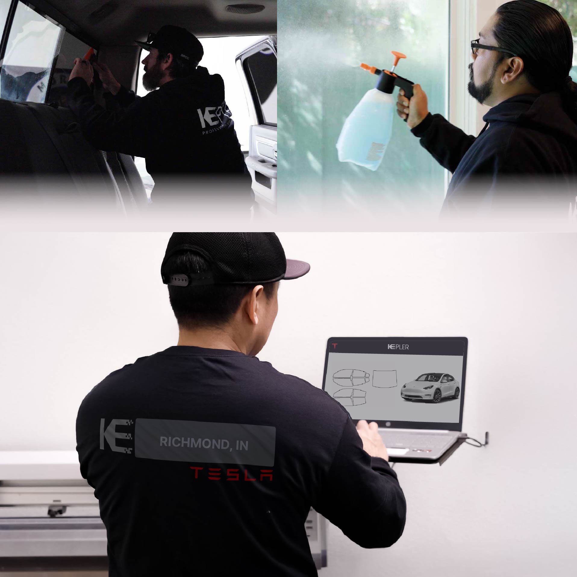 Kepler Technician Applying Ceramic Window Tint to Tesla in Richmond