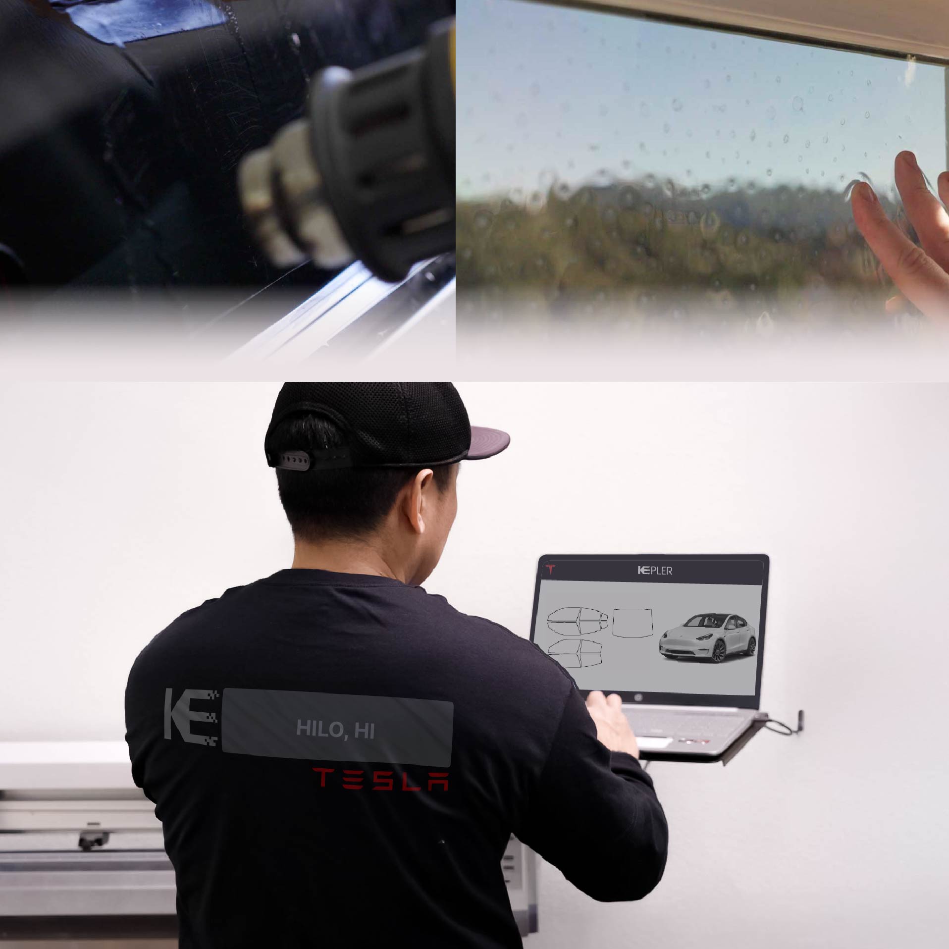 Expert Technician Installing Advanced Window Tint to Tesla in Hilo