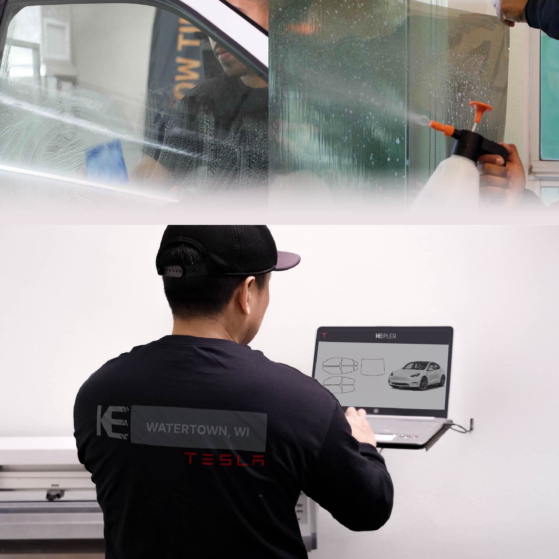 Expert Technician Installing Advanced Window Tint to Tesla in Watertown