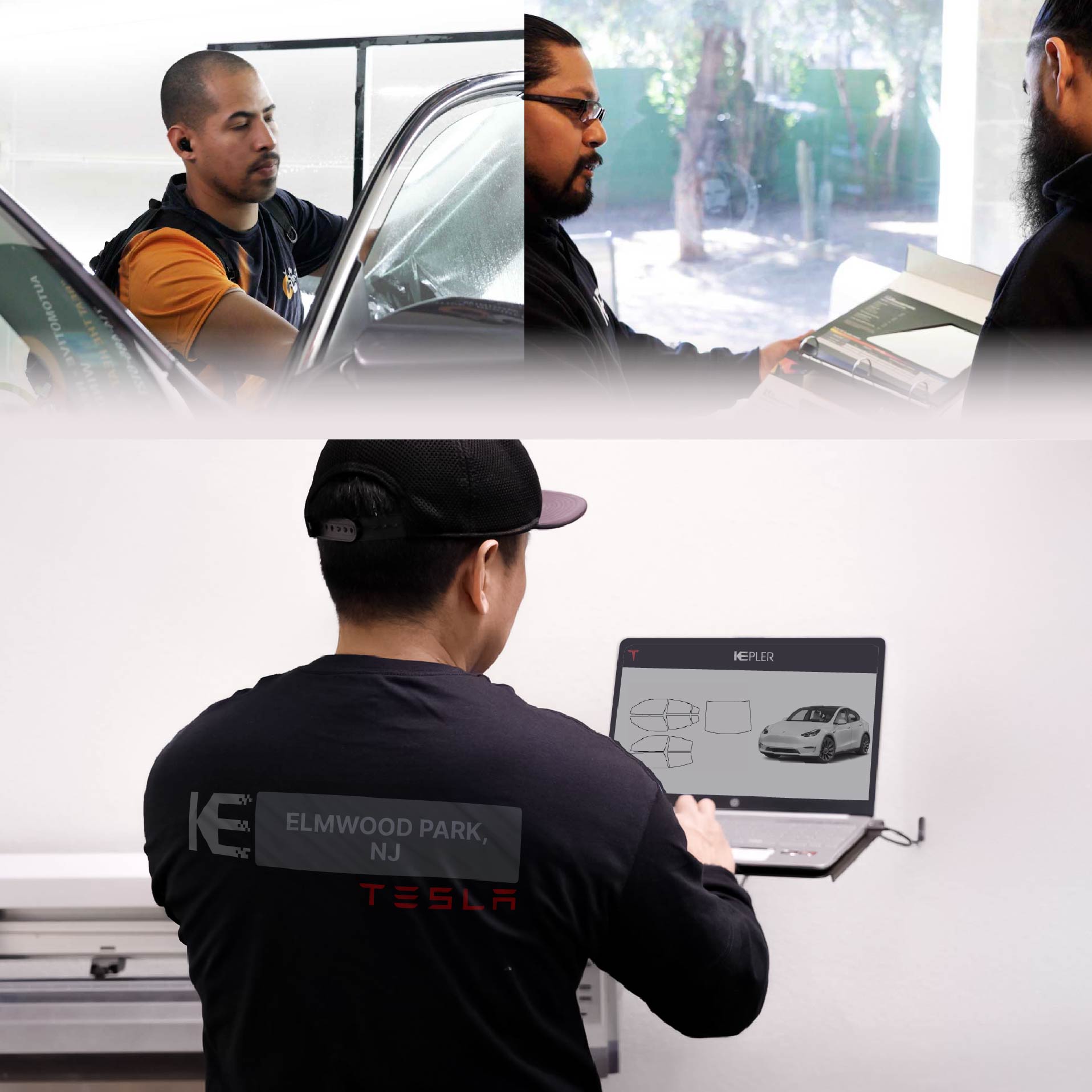 Kepler Technician Fitting Advanced Window Tint to Tesla in Elmwood Park