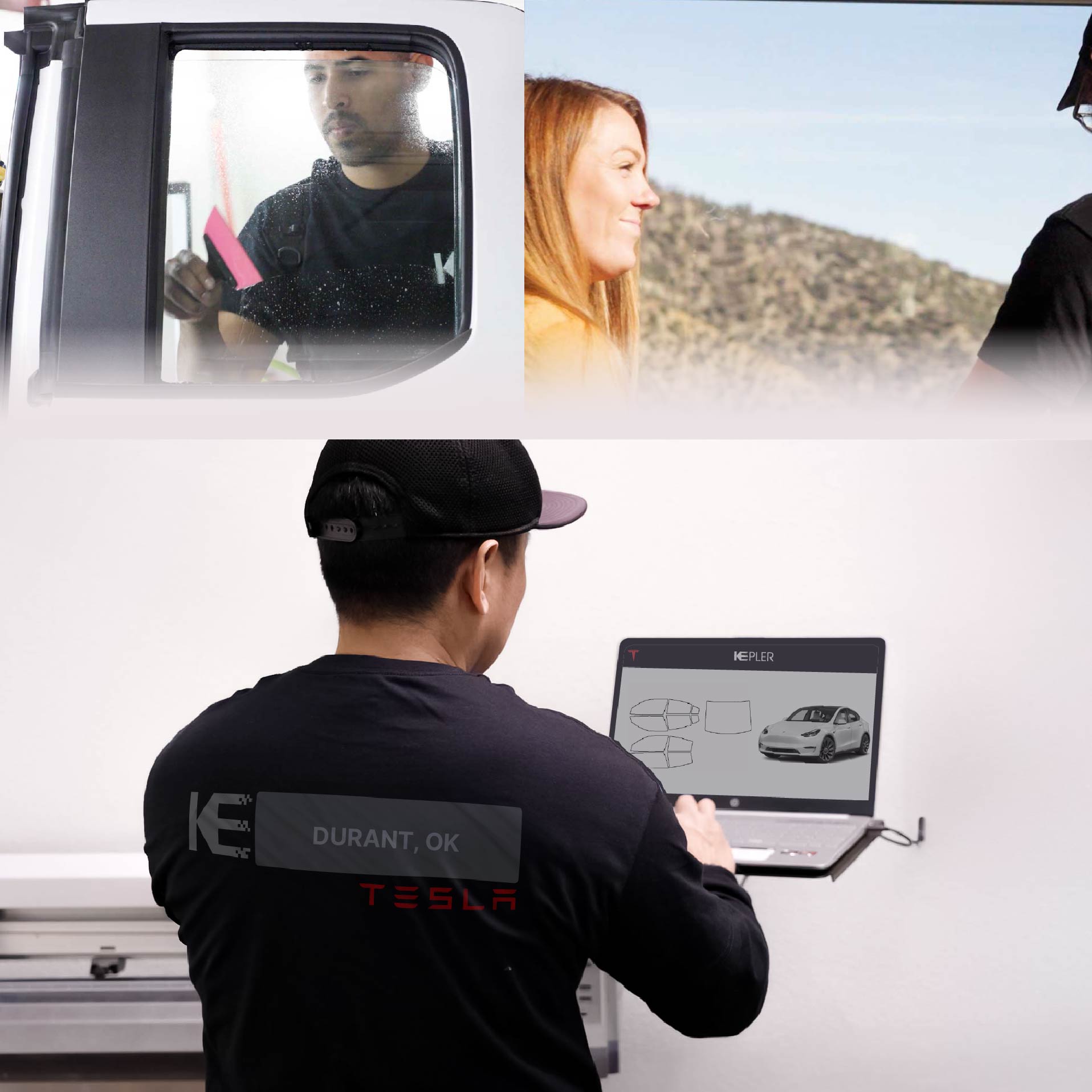 Expert Technician Installing Advanced Window Tint to Tesla in Durant