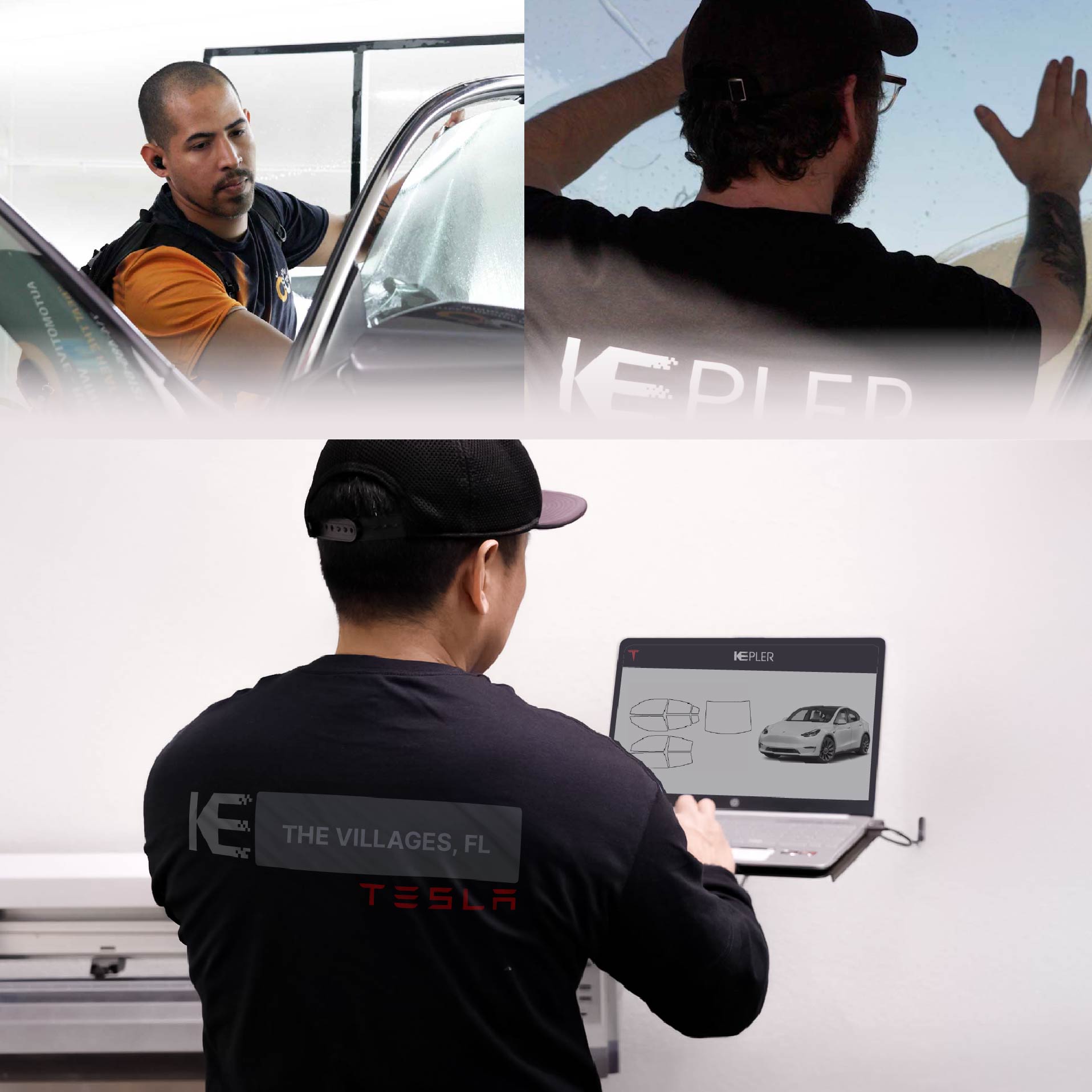 Kepler Technician Fitting Ceramic Window Tint to Tesla in The Villages