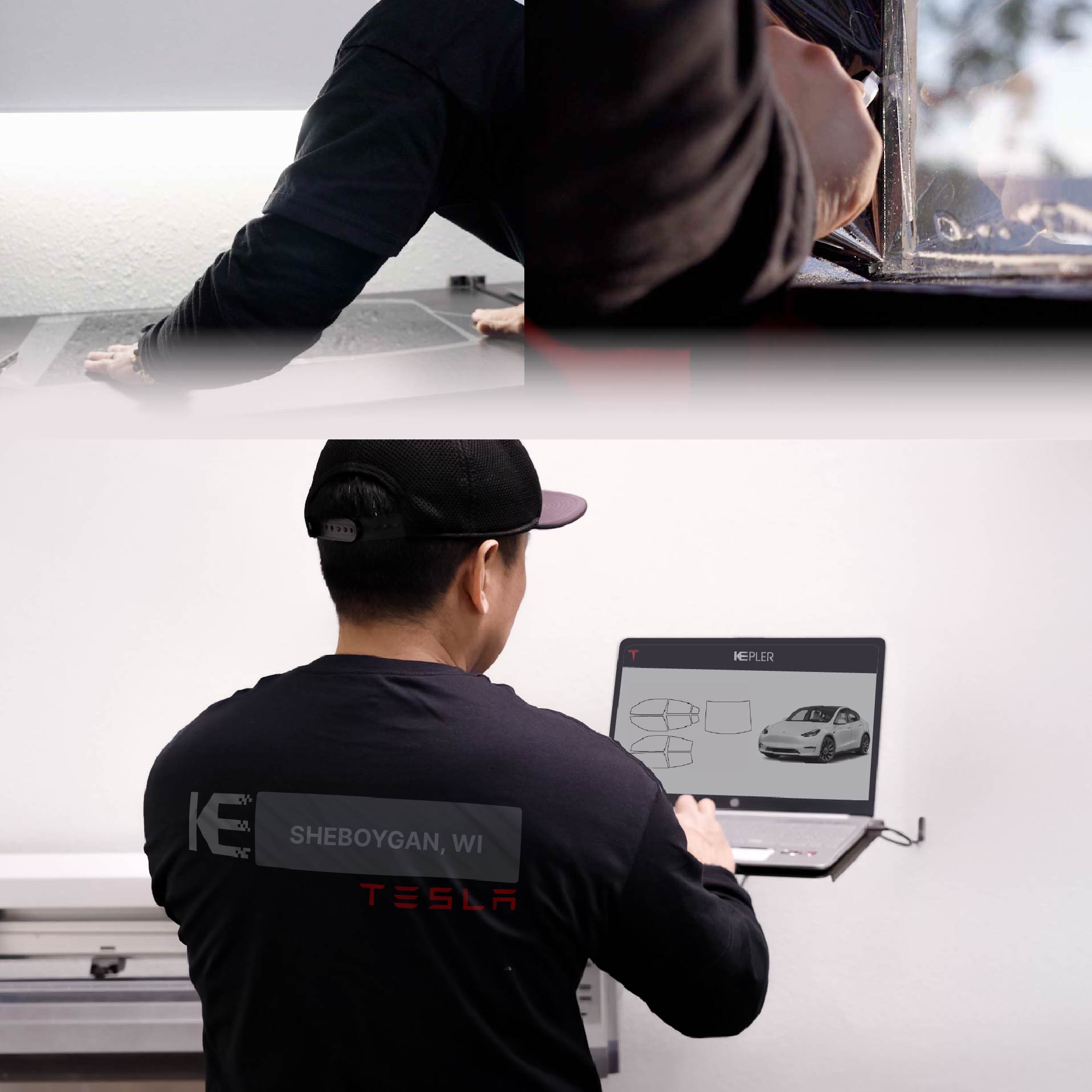 Expert Technician Applying High-tech Window Tint to Tesla in Sheboygan