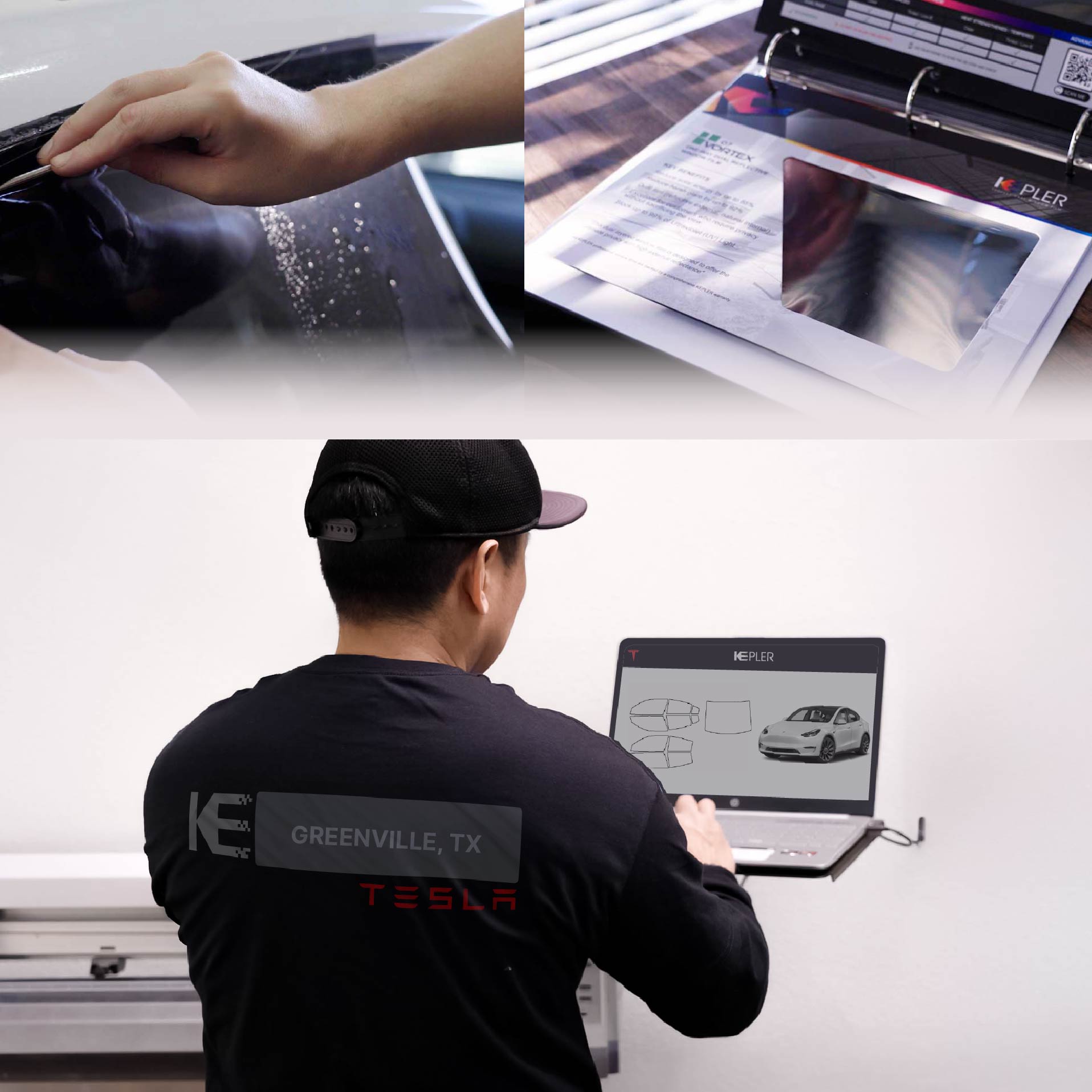 Kepler Technician Installing Advanced Window Tint to Tesla in Greenville