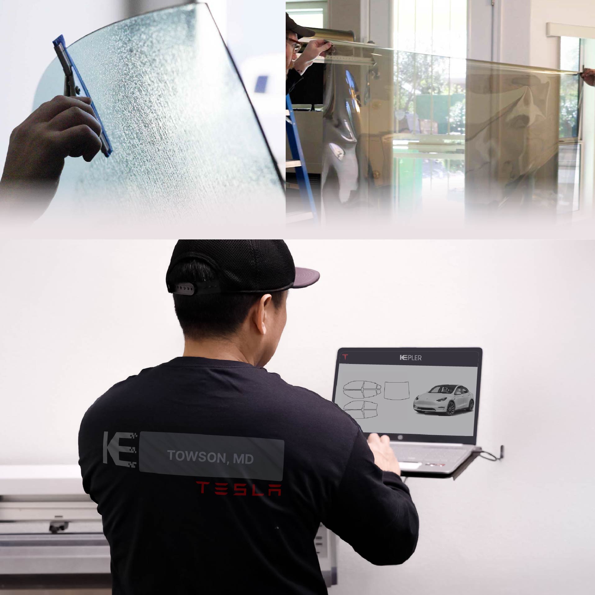 Expert Technician Applying Advanced Window Tint to Tesla in Towson
