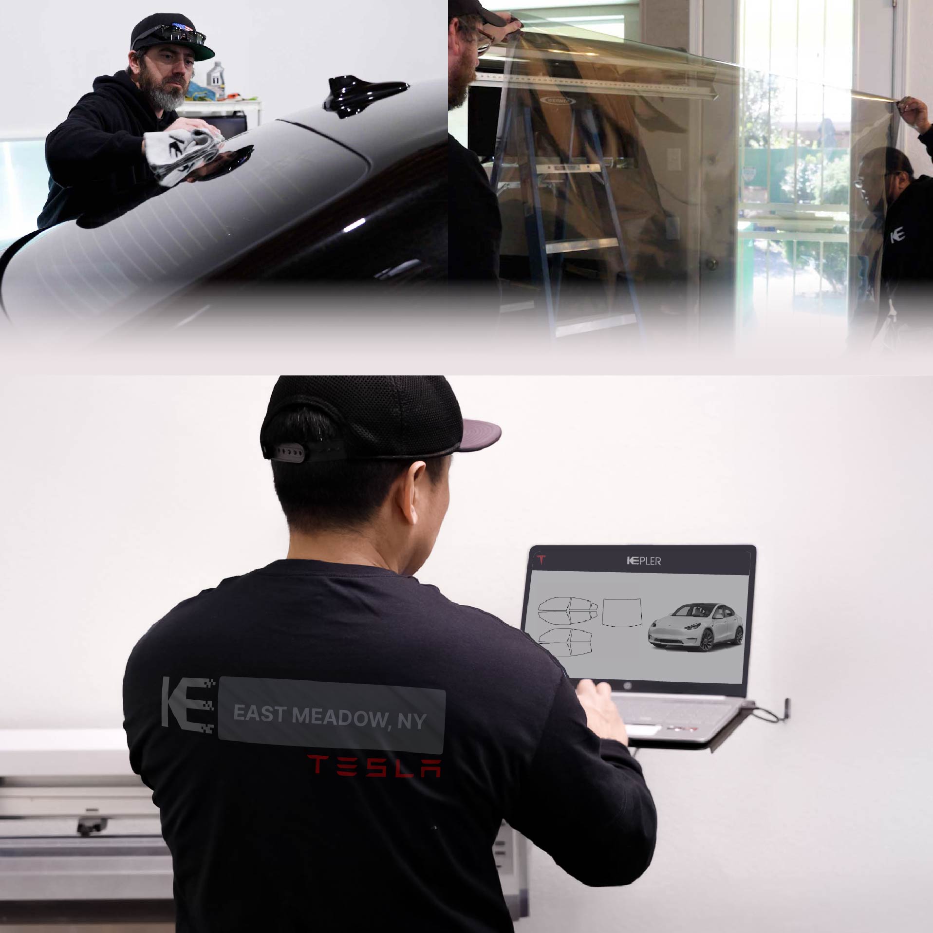 Kepler Technician Applying High-tech Window Tint to Tesla in East Meadow