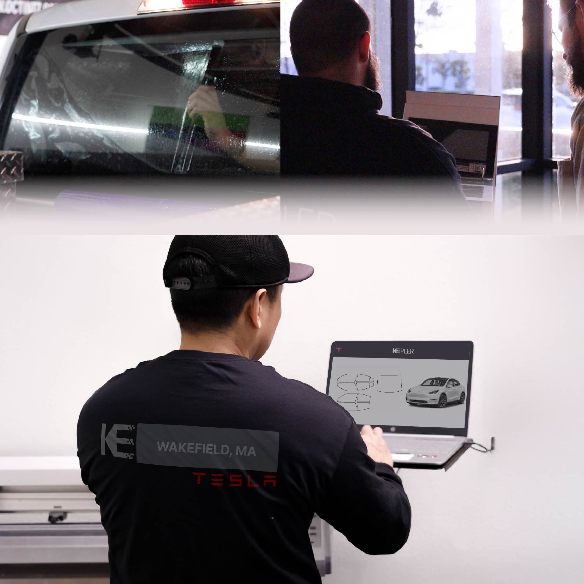 Expert Technician Fitting Advanced Window Tint to Tesla in Wakefield