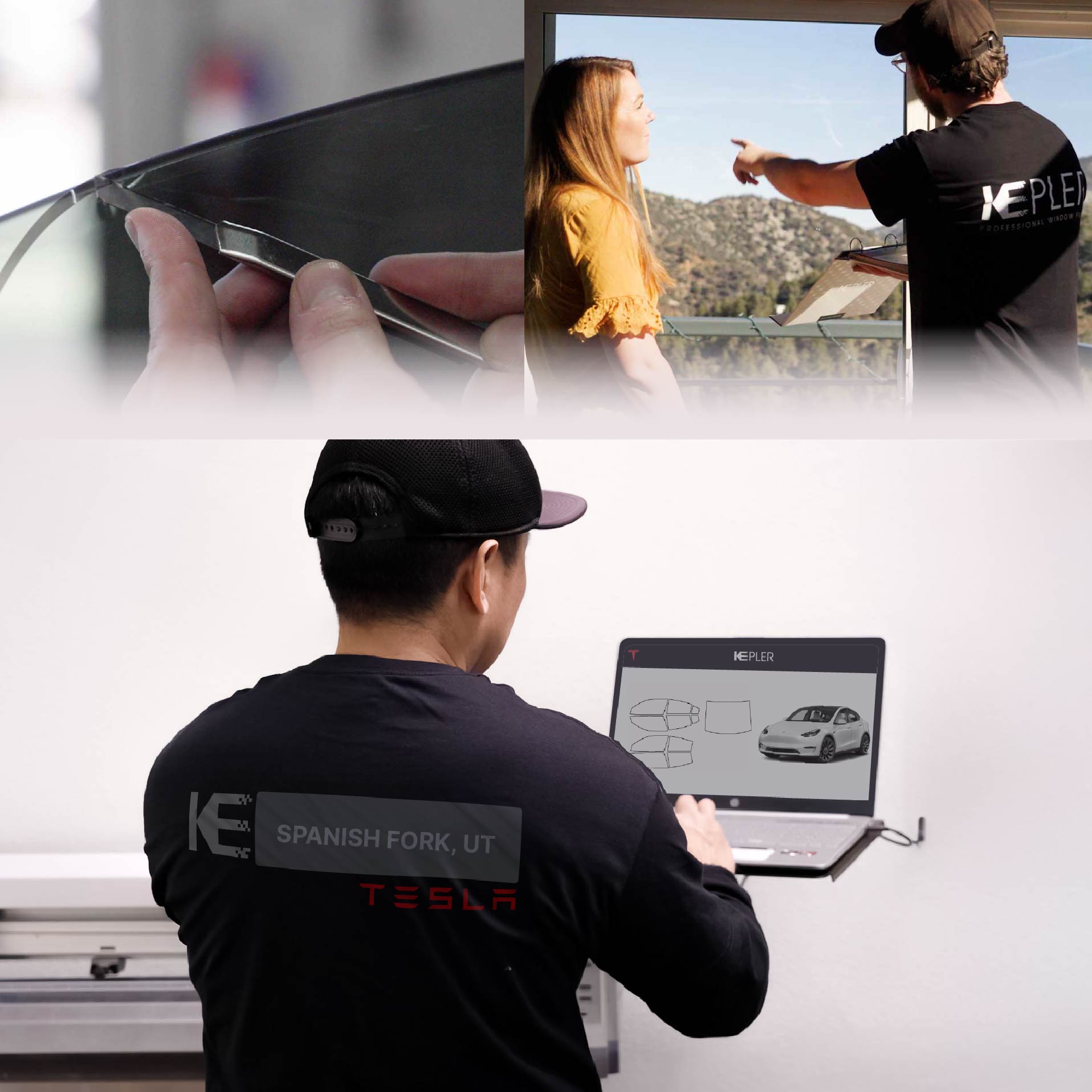 Expert Technician Installing Advanced Window Tint to Tesla in Spanish Fork