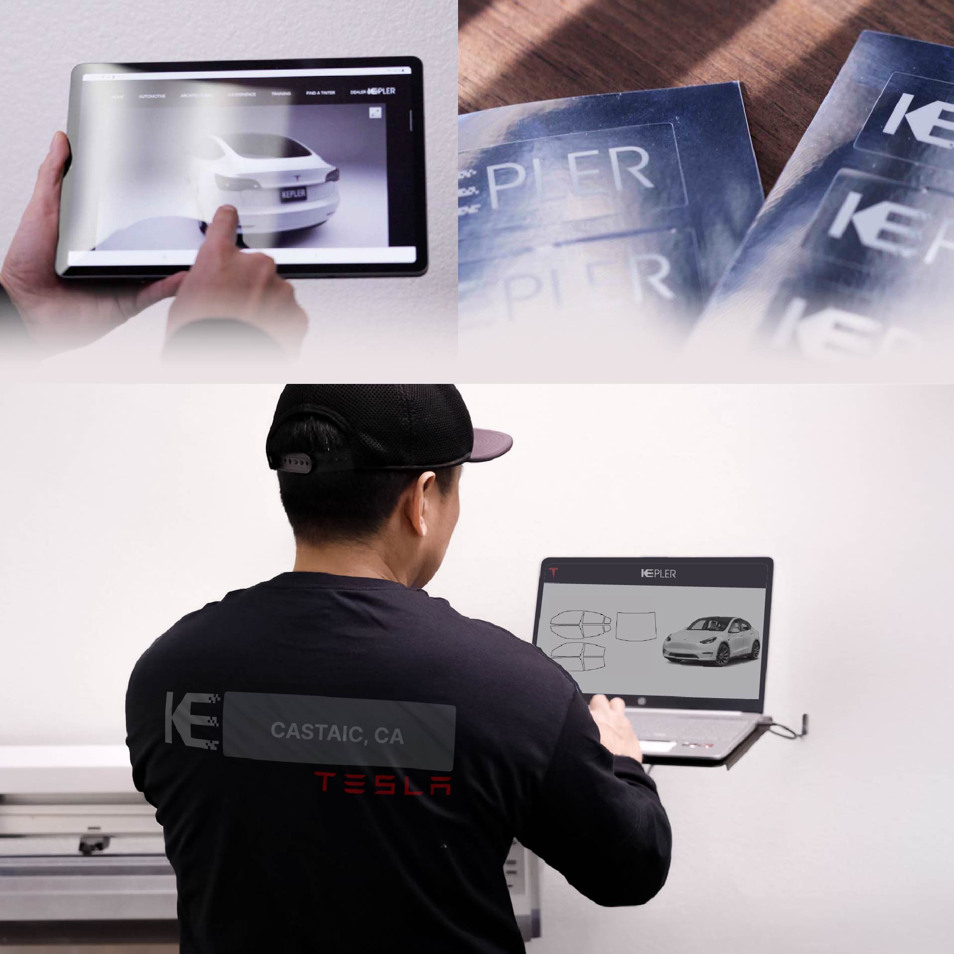 Kepler Technician Applying Advanced Window Tint to Tesla in Castaic