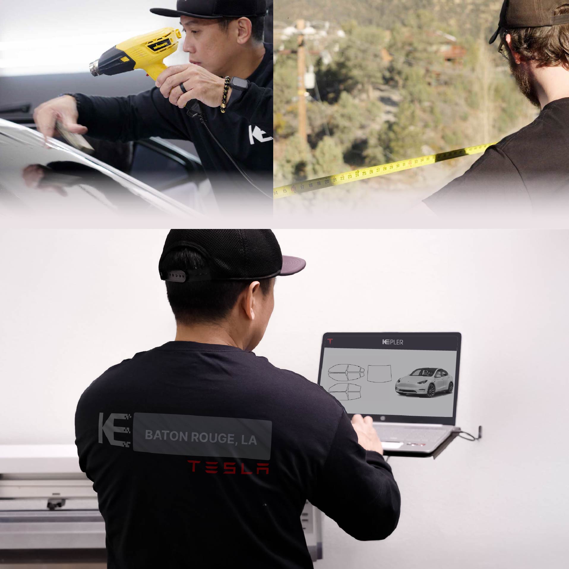 Expert Technician Fitting Advanced Window Tint to Tesla in Baton Rouge
