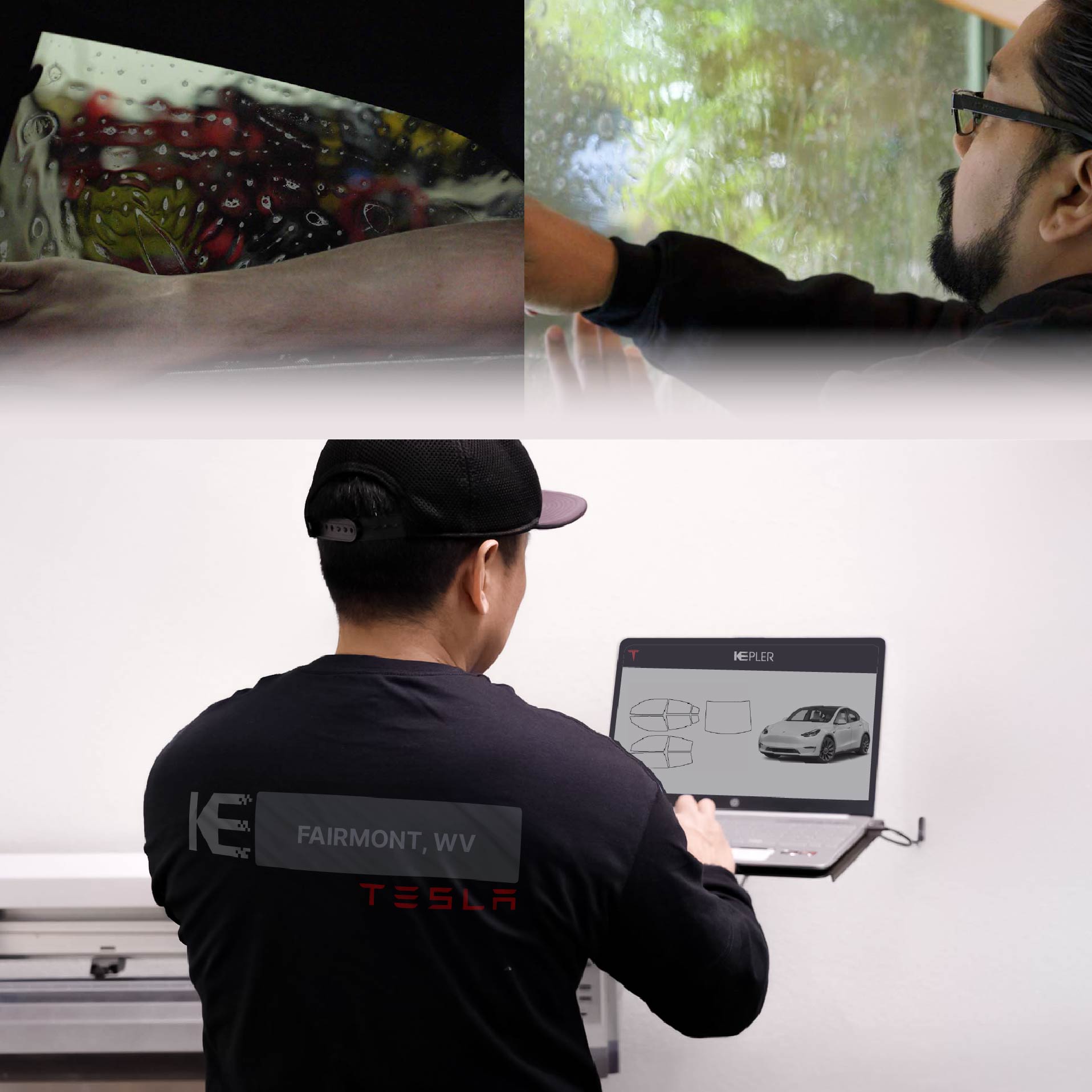 Kepler Technician Applying Advanced Window Tint to Tesla in Fairmont