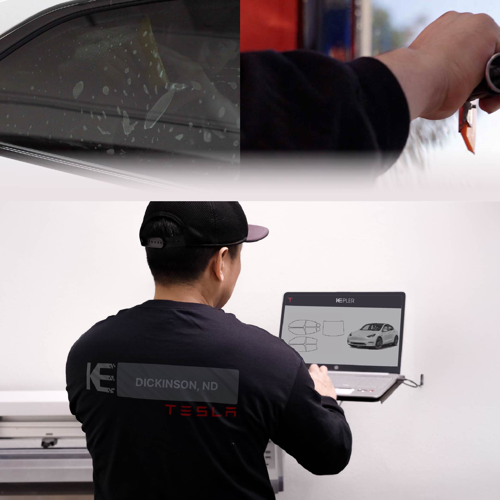 Kepler Technician Applying High-tech Window Tint to Tesla in Dickinson