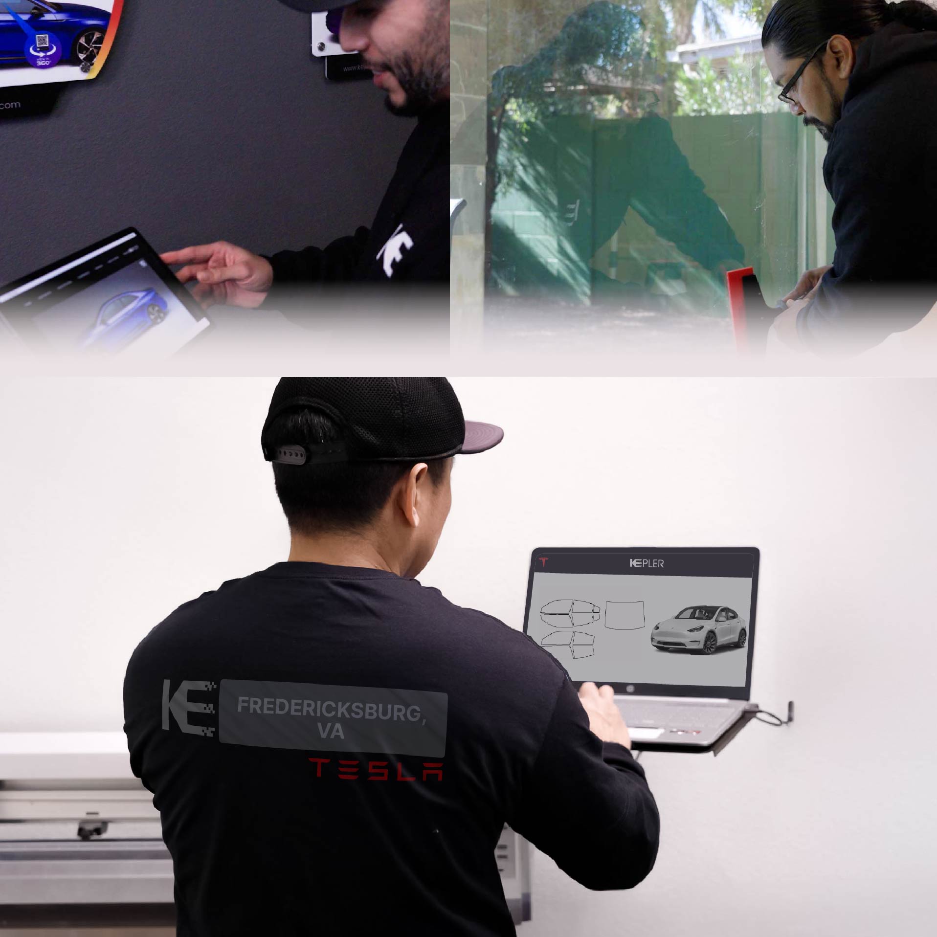 Kepler Technician Installing Ceramic Window Tint to Tesla in Fredericksburg