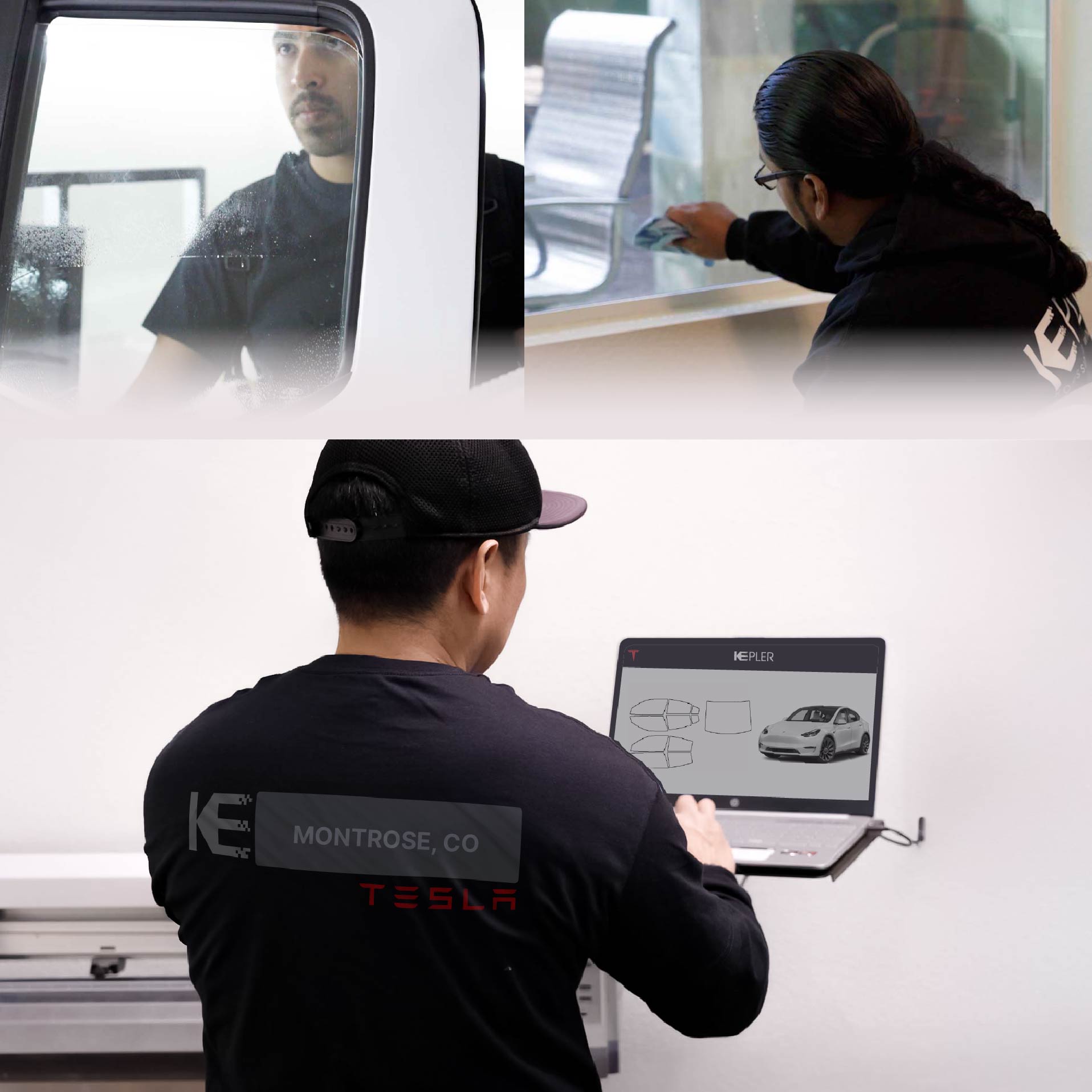 Kepler Technician Fitting Ceramic Window Tint to Tesla in Montrose
