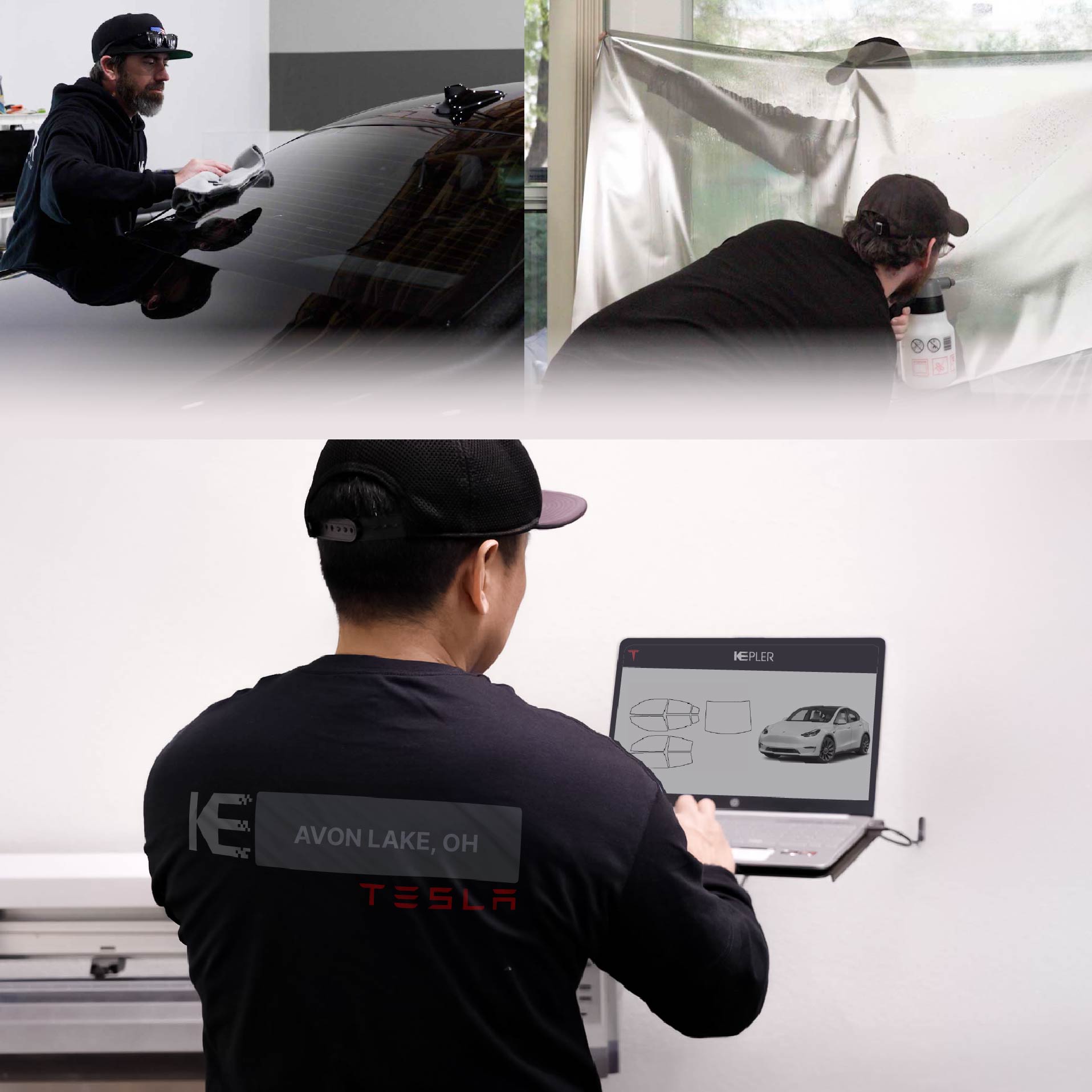 Kepler Technician Applying Ceramic Window Tint to Tesla in Avon Lake