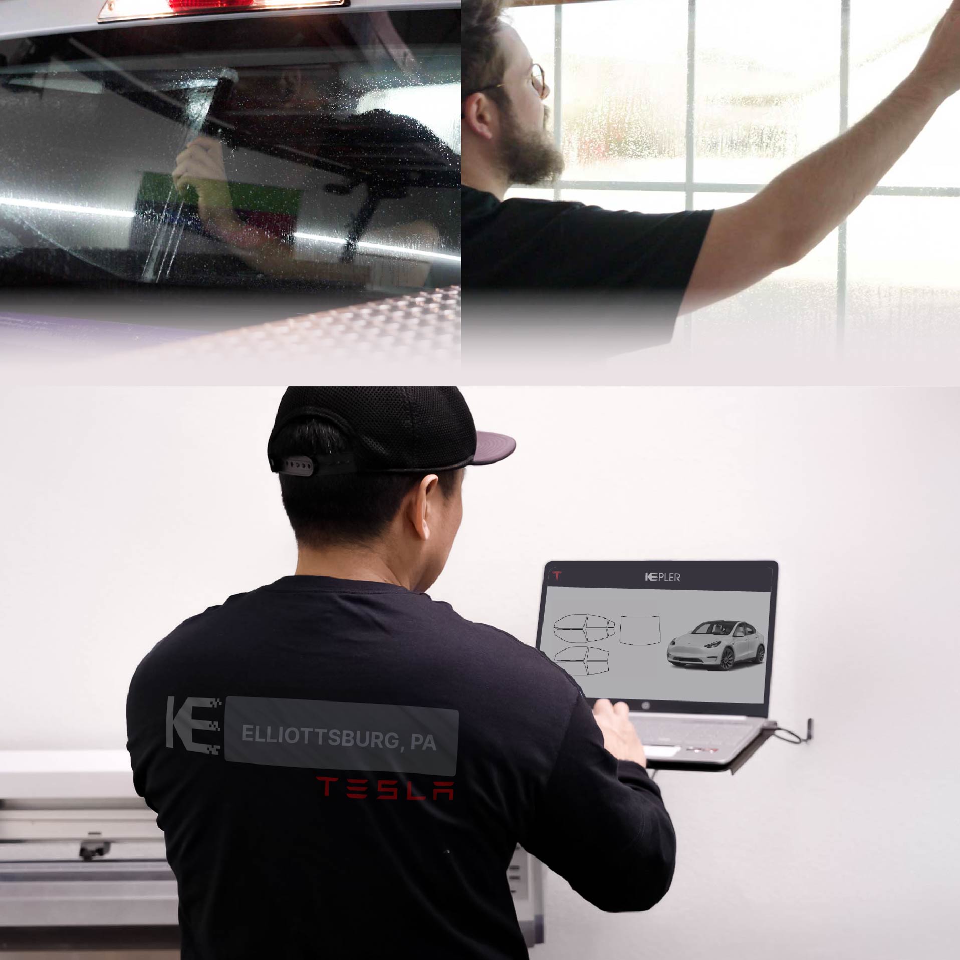 Expert Technician Fitting Advanced Window Tint to Tesla in Elliottsburg