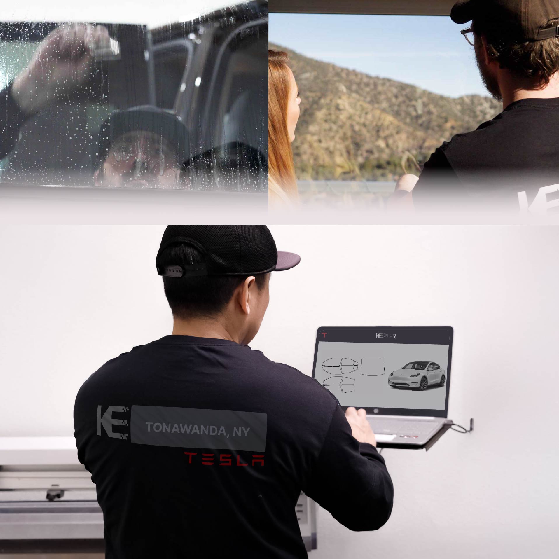 Expert Technician Fitting Advanced Window Tint to Tesla in Tonawanda