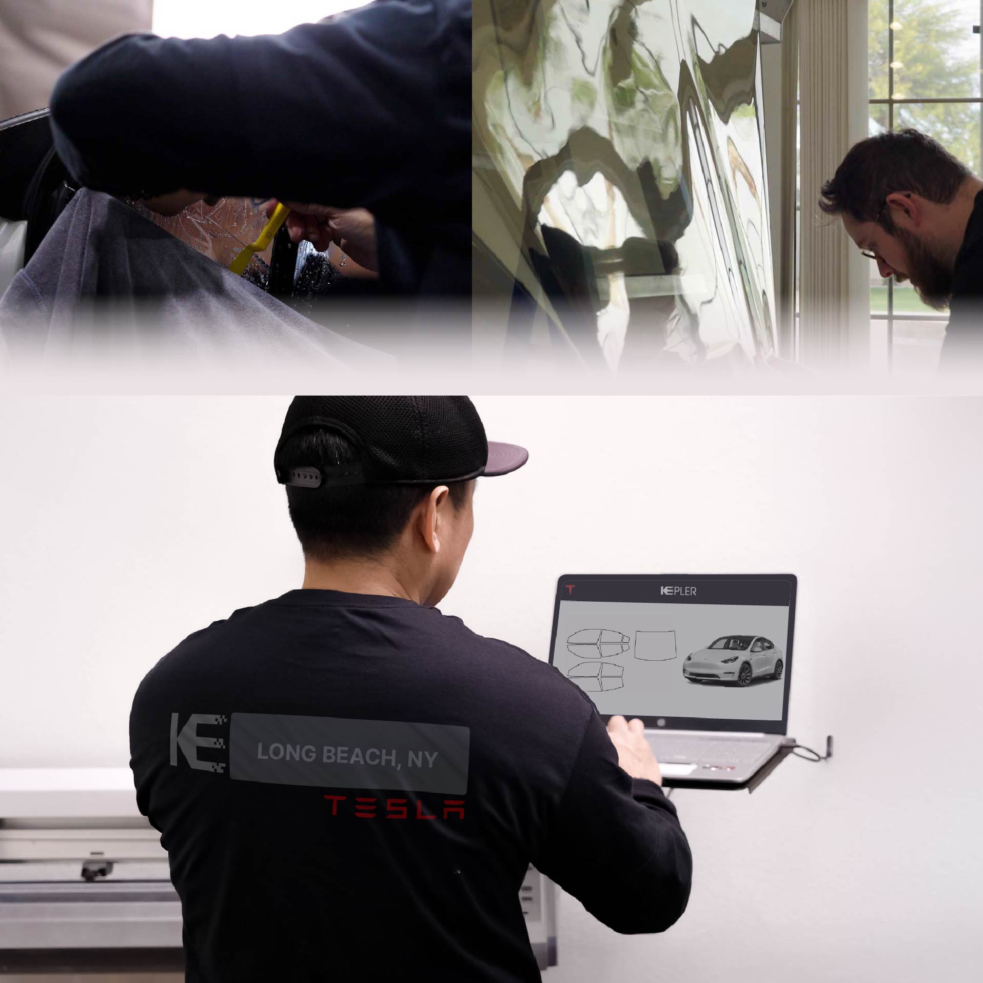 Expert Technician Fitting Ceramic Window Tint to Tesla in Long Beach