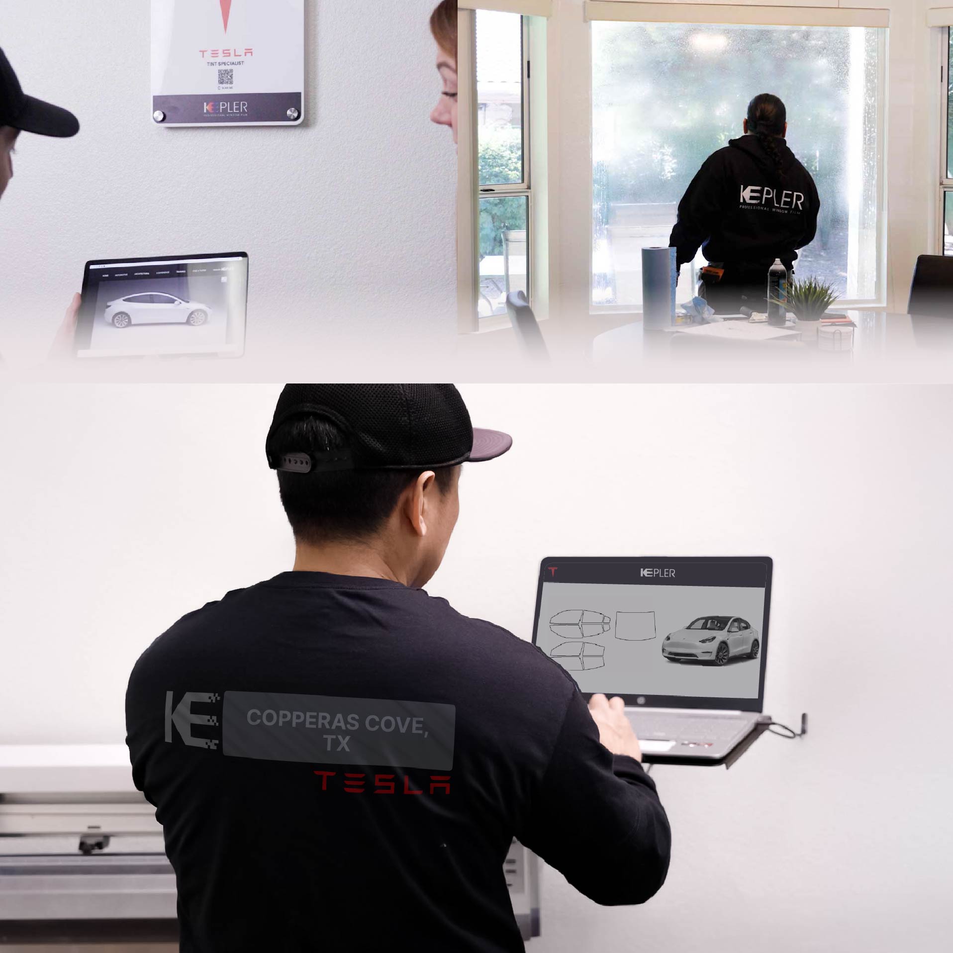 Expert Technician Applying Advanced Window Tint to Tesla in Copperas Cove