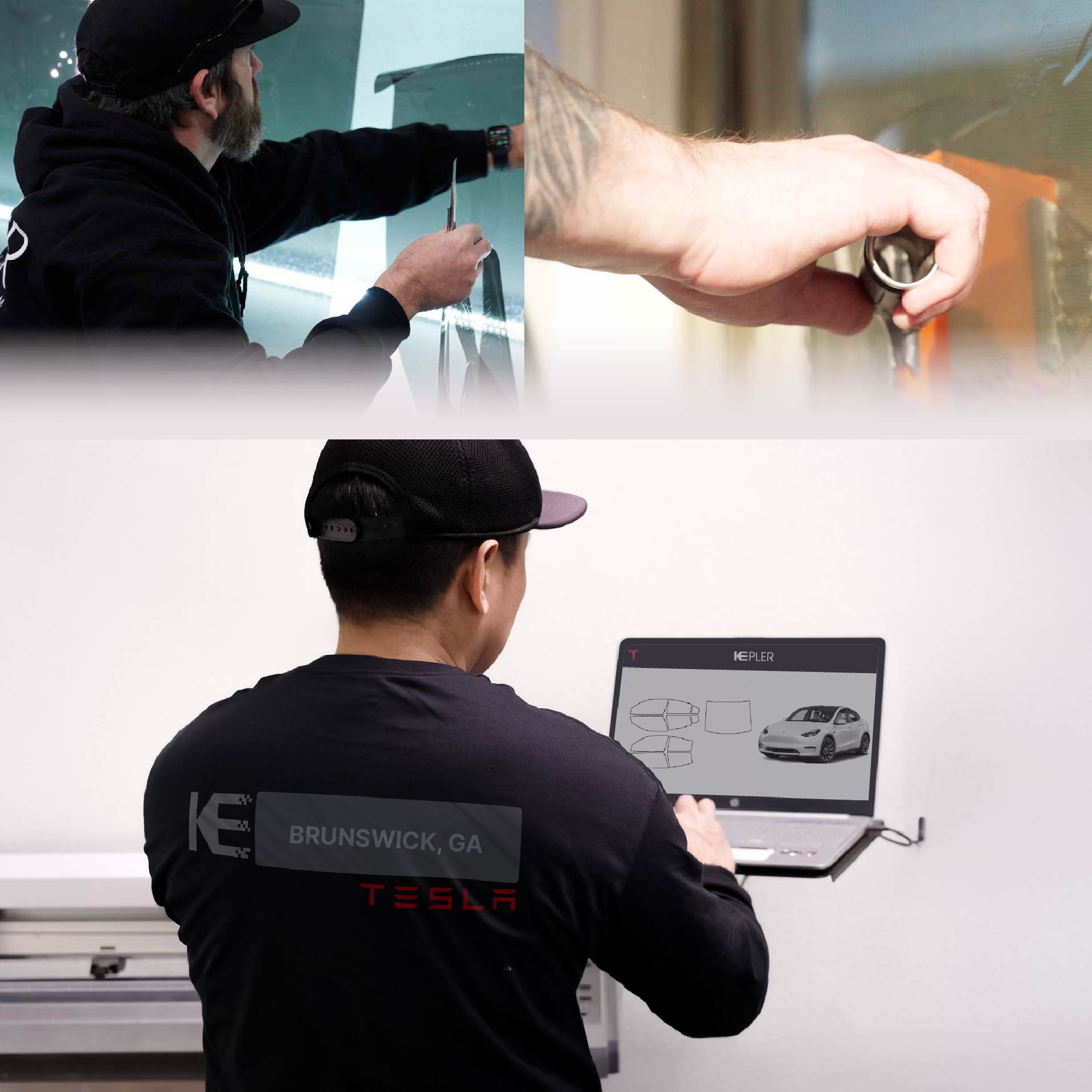 Kepler Technician Fitting Advanced Window Tint to Tesla in Brunswick