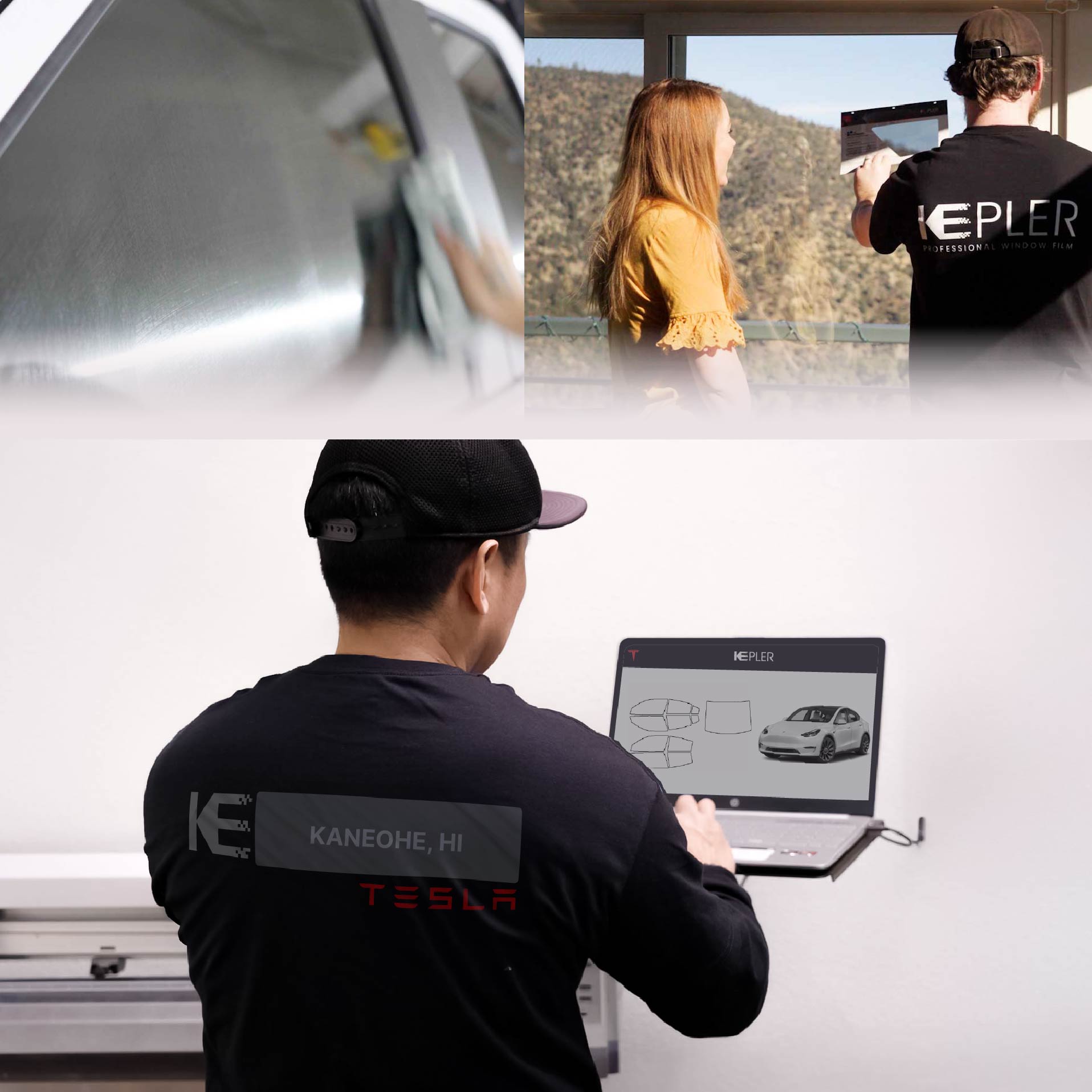 Kepler Technician Installing High-tech Window Tint to Tesla in Kāne‘ohe