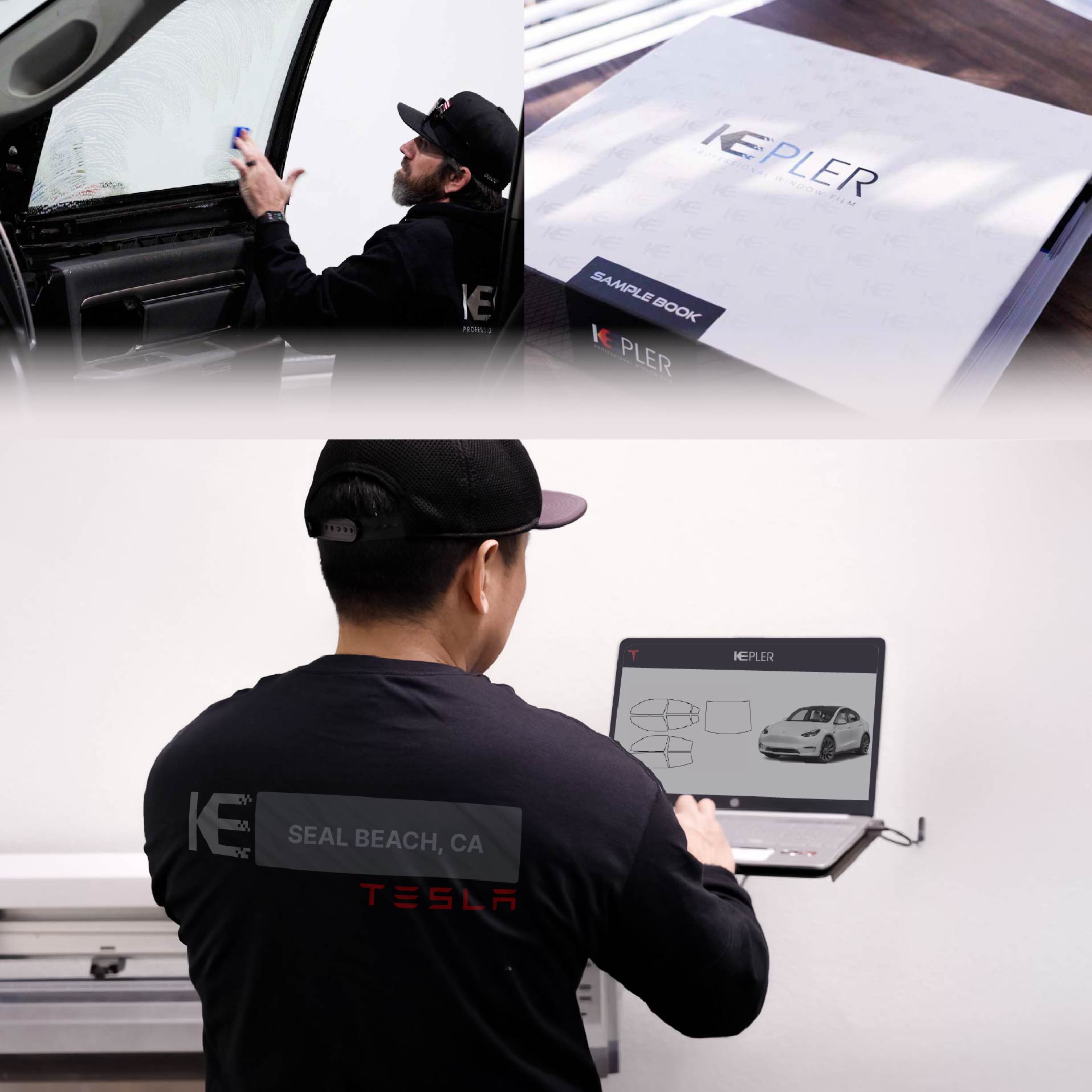 Kepler Technician Applying Ceramic Window Tint to Tesla in Seal Beach