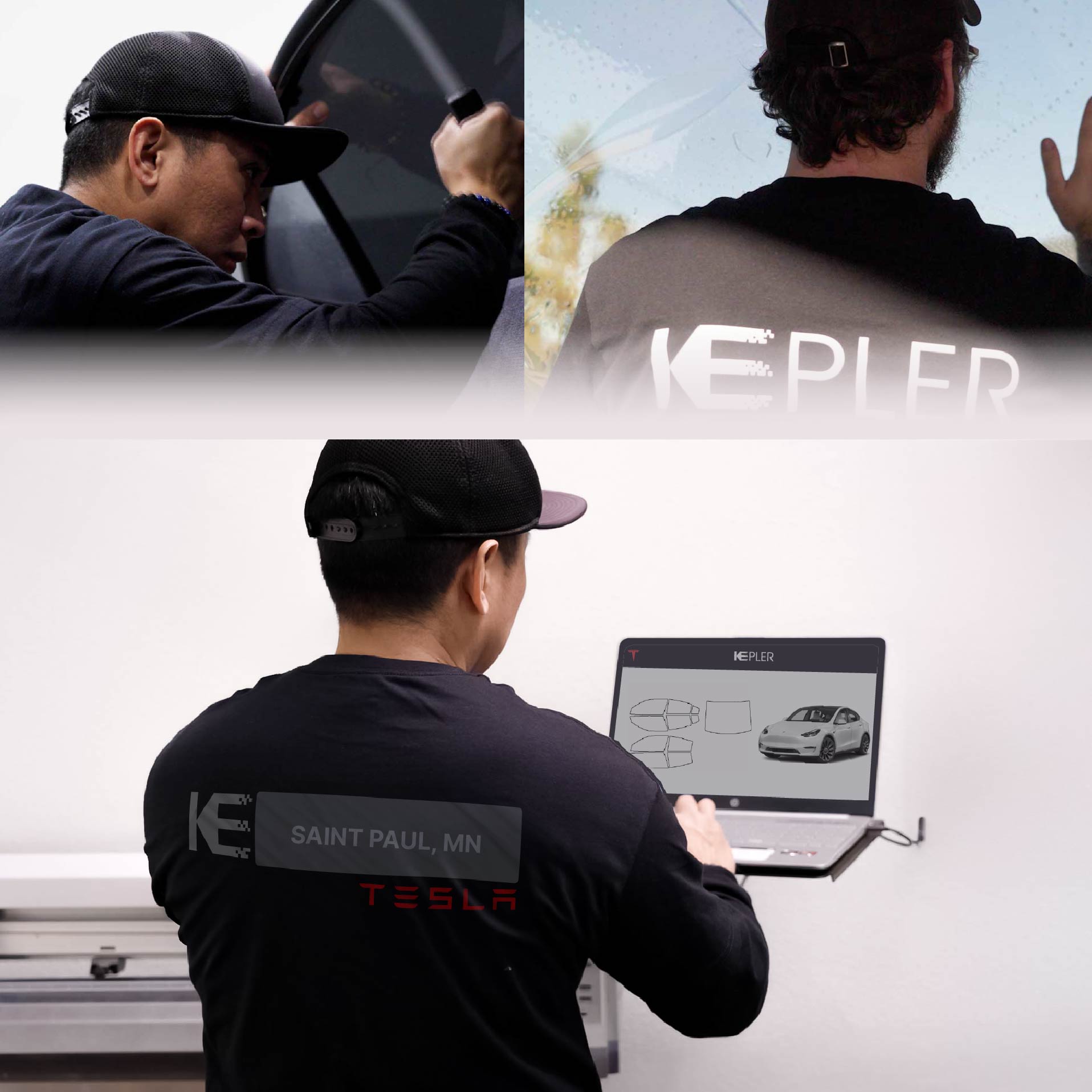 Expert Technician Installing High-tech Window Tint to Tesla in Saint Paul