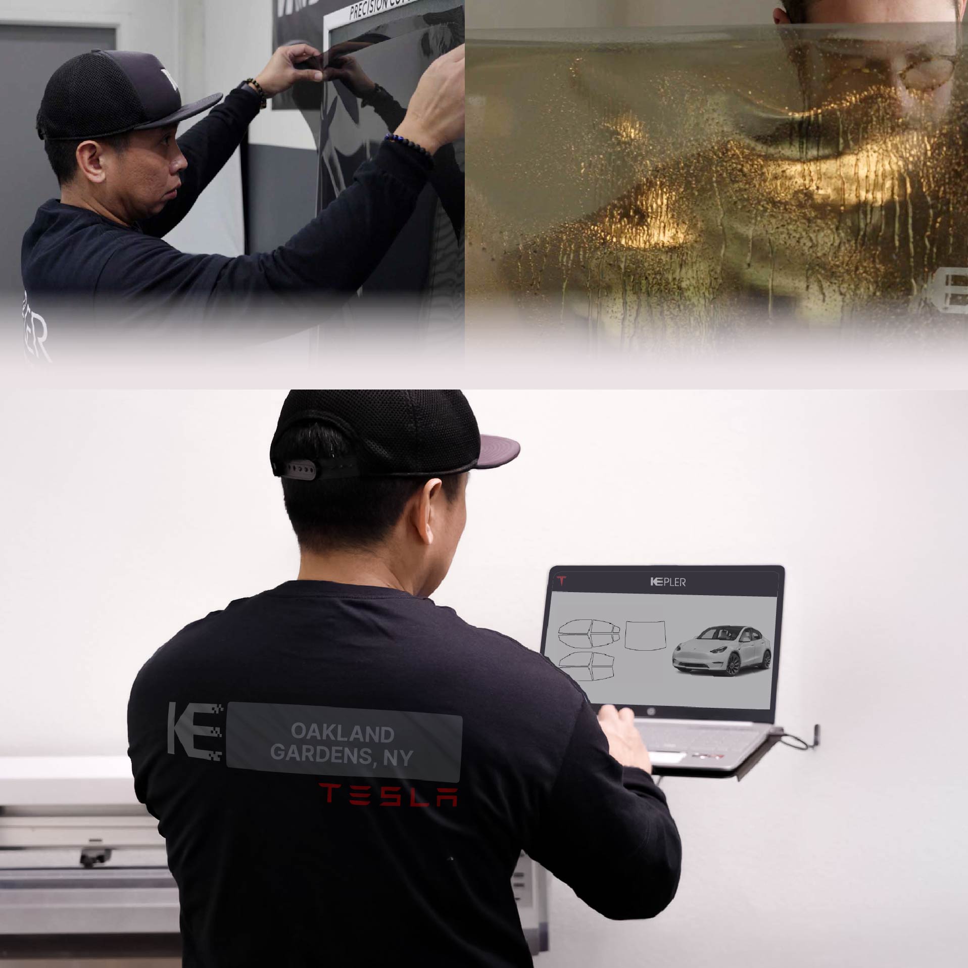 Kepler Technician Installing Advanced Window Tint to Tesla in Oakland Gardens