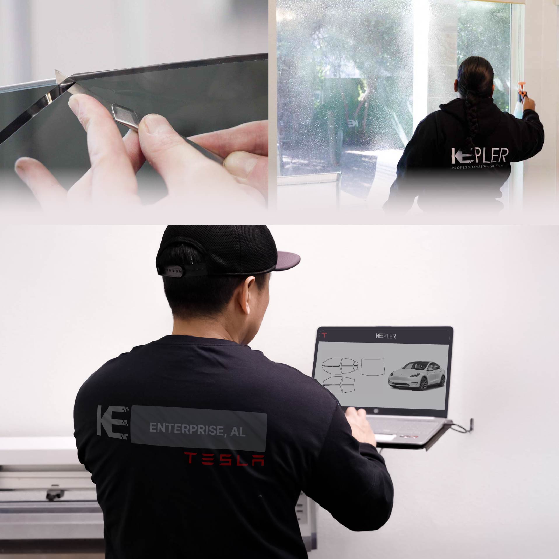 Kepler Technician Fitting Advanced Window Tint to Tesla in Enterprise