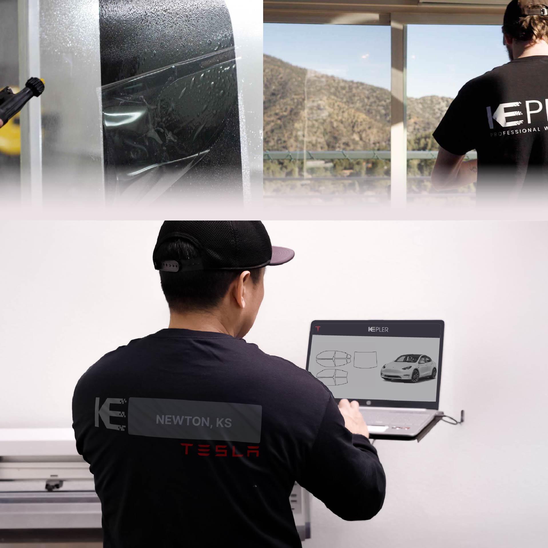 Kepler Technician Fitting High-tech Window Tint to Tesla in Newton