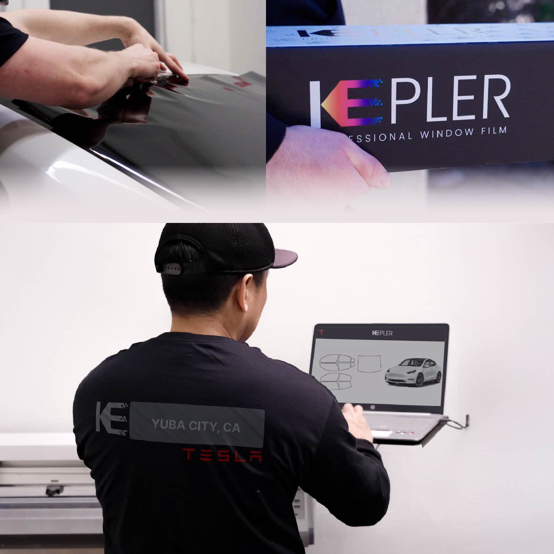 Kepler Technician Fitting Ceramic Window Tint to Tesla in Yuba City