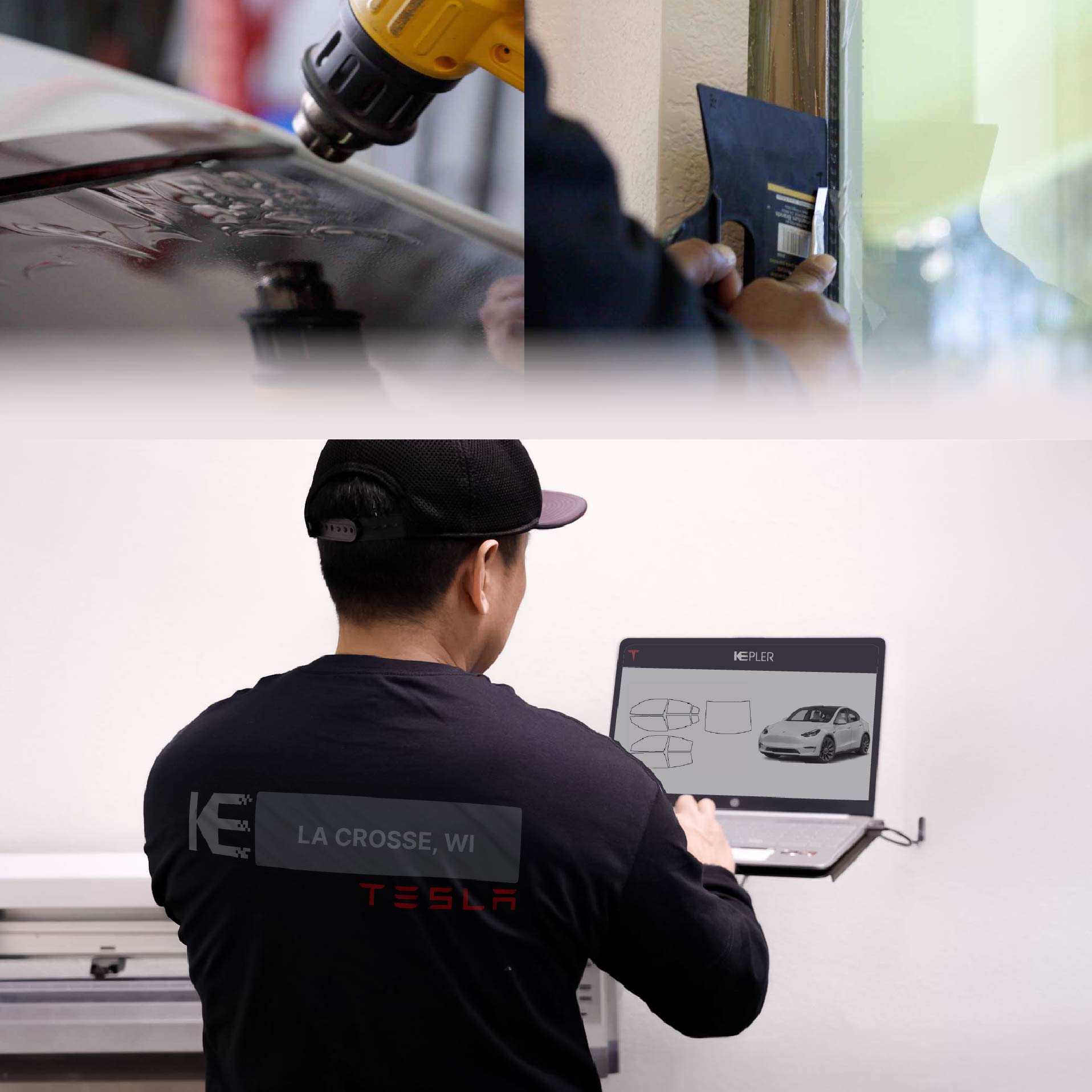 Expert Technician Applying Ceramic Window Tint to Tesla in La Crosse