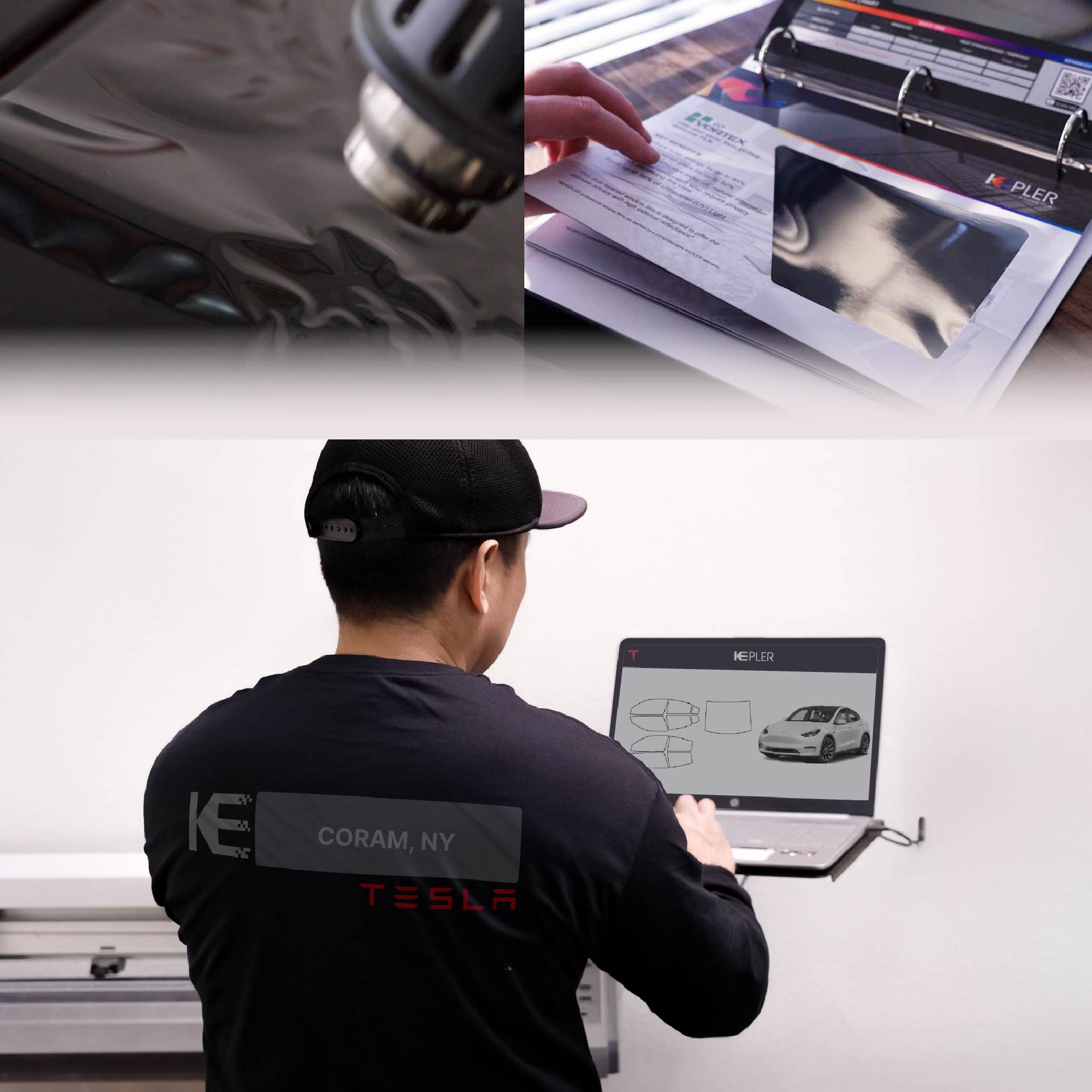 Expert Technician Applying High-tech Window Tint to Tesla in Coram