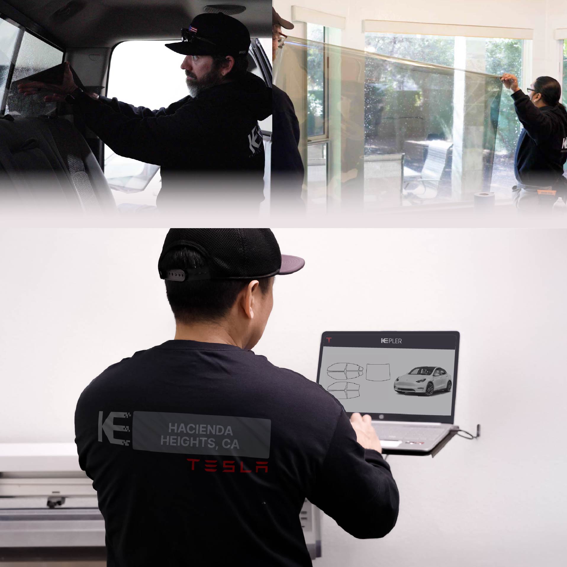 Kepler Technician Fitting Ceramic Window Tint to Tesla in Hacienda Heights